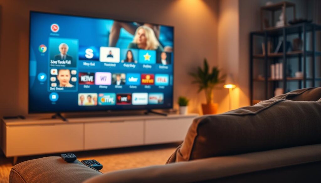 A modern IPTV interface displayed on a sleek, high-definition television screen in a cozy living room setting. The foreground features a TV remote beside the couch, illuminated softly by warm ambient lighting, creating a relaxed atmosphere. In the middle, the IPTV interface showcases vibrant thumbnails of various channels and programs, emphasizing easy navigation with clean, user-friendly design elements. The background includes tasteful decor with a bookshelf and potted plants, adding a homely touch. The overall composition should convey technological sophistication and user comfort. Light reflections on the TV screen enhance the realism, with a subtle depth-of-field effect to focus on the interface details. Include the brand name "IPTVVUK.COM" incorporated into the interface design, ensuring that the image remains professional and safe for work. A modern IPTV interface displayed on a sleek, high-definition television screen in a cozy living room setting. The foreground features a TV remote beside the couch, illuminated softly by warm ambient lighting, creating a relaxed atmosphere. In the middle, the IPTV interface showcases vibrant thumbnails of various channels and programs, emphasizing easy navigation with clean, user-friendly design elements. The background includes tasteful decor with a bookshelf and potted plants, adding a homely touch. The overall composition should convey technological sophistication and user comfort. Light reflections on the TV screen enhance the realism, with a subtle depth-of-field effect to focus on the interface details. Include the brand name "IPTVVUK.COM" incorporated into the interface design, ensuring that the image remains professional and safe for work.