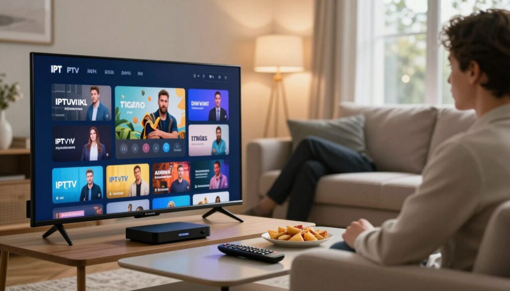 A modern IPTV streaming setup in a cozy living room. In the foreground, a sleek smart TV displays vibrant visuals of various streaming options, symbolizing IPTV technology. A stylish coffee table holds a remote control and snacks, while a digital device connected to the TV is visible, showcasing the brand "IPTVVUK.COM". In the middle ground, a person in professional business attire is seated comfortably on a plush sofa, engaging with the streaming content. The background features a well-lit room with soft, warm lighting, accentuating the inviting atmosphere. Large windows allow natural light to filter in, creating a serene ambiance. The overall mood is tech-savvy and relaxed, emphasizing the convenience of IPTV streaming. Use a slight depth of field to focus on the TV and the user, with a hint of bokeh in the background. A modern IPTV streaming setup in a cozy living room. In the foreground, a sleek smart TV displays vibrant visuals of various streaming options, symbolizing IPTV technology. A stylish coffee table holds a remote control and snacks, while a digital device connected to the TV is visible, showcasing the brand "IPTVVUK.COM". In the middle ground, a person in professional business attire is seated comfortably on a plush sofa, engaging with the streaming content. The background features a well-lit room with soft, warm lighting, accentuating the inviting atmosphere. Large windows allow natural light to filter in, creating a serene ambiance. The overall mood is tech-savvy and relaxed, emphasizing the convenience of IPTV streaming. Use a slight depth of field to focus on the TV and the user, with a hint of bokeh in the background.