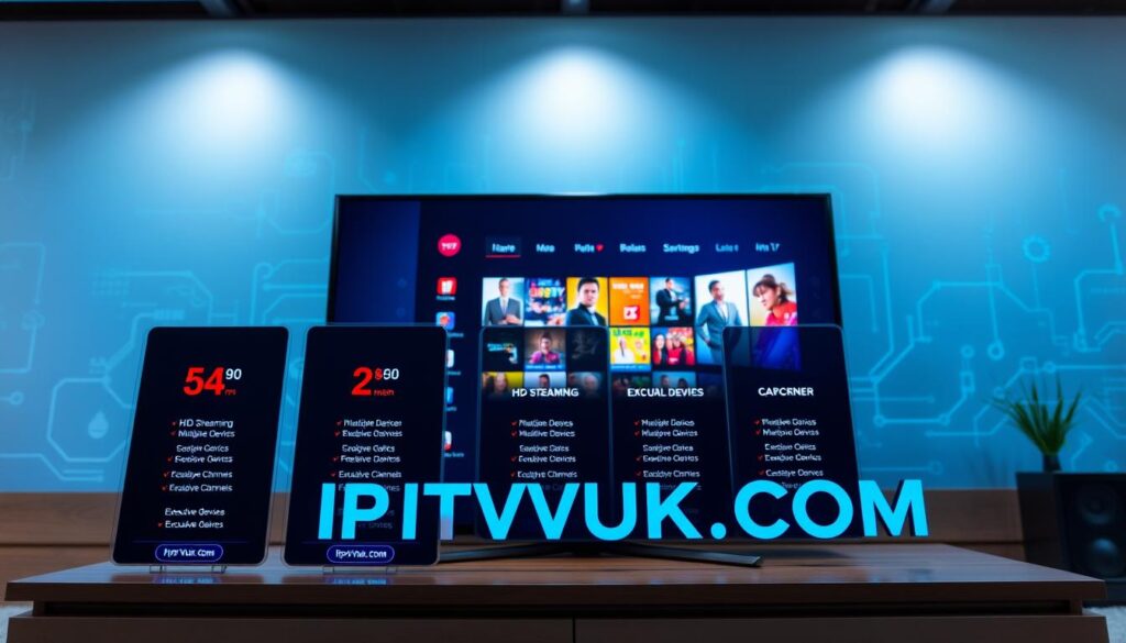 A modern and sleek digital display showcasing various IPTV subscription pricing plans prominently featuring the brand name "IPTVVUK.COM". In the foreground, include three distinct pricing tiers illustrated with vibrant icons representing features like "HD Streaming", "Multiple Devices", and "Exclusive Channels". The middle layer should depict a stylish tablet or smart TV displaying a user-friendly interface with colorful thumbnails of popular shows, creating an engaging and approachable feel. In the background, incorporate a subtle tech-themed design with a gradient of blue and green, emphasizing a modern and innovative atmosphere. The lighting should be bright but soft, creating an inviting ambiance that reflects excitement about IPTV services. The scene should be captured from a slight angle to enhance depth, providing a professional yet dynamic overall look. A modern and sleek digital display showcasing various IPTV subscription pricing plans prominently featuring the brand name "IPTVVUK.COM". In the foreground, include three distinct pricing tiers illustrated with vibrant icons representing features like "HD Streaming", "Multiple Devices", and "Exclusive Channels". The middle layer should depict a stylish tablet or smart TV displaying a user-friendly interface with colorful thumbnails of popular shows, creating an engaging and approachable feel. In the background, incorporate a subtle tech-themed design with a gradient of blue and green, emphasizing a modern and innovative atmosphere. The lighting should be bright but soft, creating an inviting ambiance that reflects excitement about IPTV services. The scene should be captured from a slight angle to enhance depth, providing a professional yet dynamic overall look.