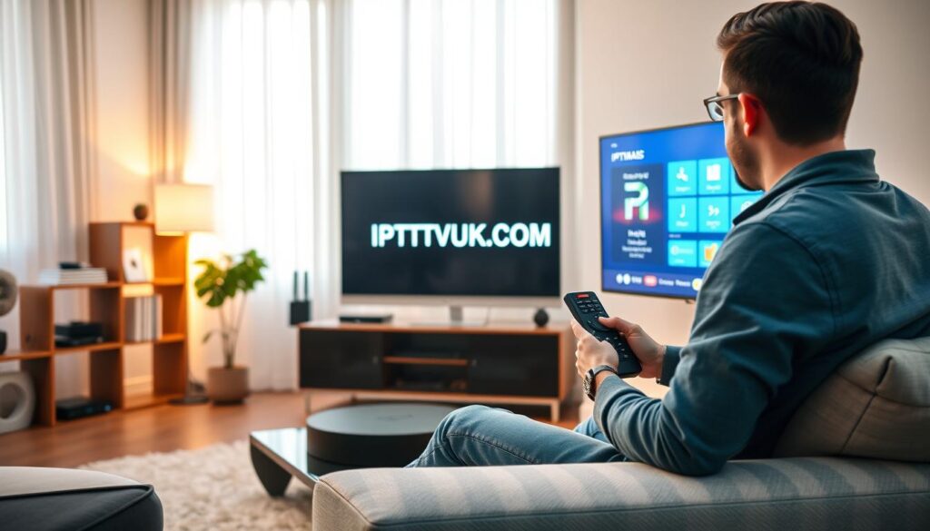 A modern and sleek living room setup, focusing on a stylish TV stand featuring a high-definition television displaying an IPTV interface. In the foreground, a user is seated on a comfortable sofa, engaged in setting up their IPTV service with a remote control in hand, wearing casual yet stylish clothing. The middle ground includes a well-organized bookshelf with tech gadgets and a small, potted plant, providing a touch of greenery. In the background, soft, ambient lighting creates a warm atmosphere, illuminating the space through large windows with sheer curtains. The overall mood is inviting and tech-savvy, emphasizing the ease and convenience of setting up IPTV services. The brand name "IPTVVUK.COM" is subtly integrated into the IPTV interface visible on the television screen. A modern and sleek living room setup, focusing on a stylish TV stand featuring a high-definition television displaying an IPTV interface. In the foreground, a user is seated on a comfortable sofa, engaged in setting up their IPTV service with a remote control in hand, wearing casual yet stylish clothing. The middle ground includes a well-organized bookshelf with tech gadgets and a small, potted plant, providing a touch of greenery. In the background, soft, ambient lighting creates a warm atmosphere, illuminating the space through large windows with sheer curtains. The overall mood is inviting and tech-savvy, emphasizing the ease and convenience of setting up IPTV services. The brand name "IPTVVUK.COM" is subtly integrated into the IPTV interface visible on the television screen.