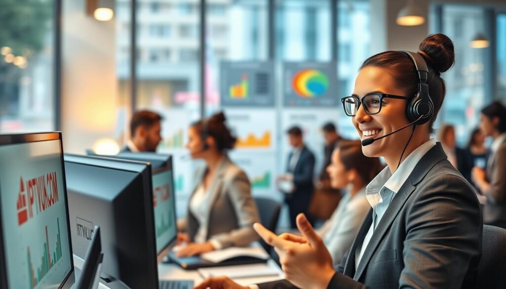 A modern customer support center filled with diverse professionals in business attire. In the foreground, a focused customer support agent gestures towards a computer screen displaying the IPTVVUK.COM logo, showcasing a friendly demeanor while assisting a client via headset. The middle ground features a collaborative workspace with colleagues discussing solutions, surrounded by colorful charts reflecting customer satisfaction statistics. The background reveals large windows allowing warm, natural light to flood the space, creating an inviting atmosphere. Soft, ambient lighting enhances the professional vibe, while a blurred view of a busy street outside adds dynamism. Overall, the scene conveys reliability and dedication to customer service in a modern setting. A modern customer support center filled with diverse professionals in business attire. In the foreground, a focused customer support agent gestures towards a computer screen displaying the IPTVVUK.COM logo, showcasing a friendly demeanor while assisting a client via headset. The middle ground features a collaborative workspace with colleagues discussing solutions, surrounded by colorful charts reflecting customer satisfaction statistics. The background reveals large windows allowing warm, natural light to flood the space, creating an inviting atmosphere. Soft, ambient lighting enhances the professional vibe, while a blurred view of a busy street outside adds dynamism. Overall, the scene conveys reliability and dedication to customer service in a modern setting.