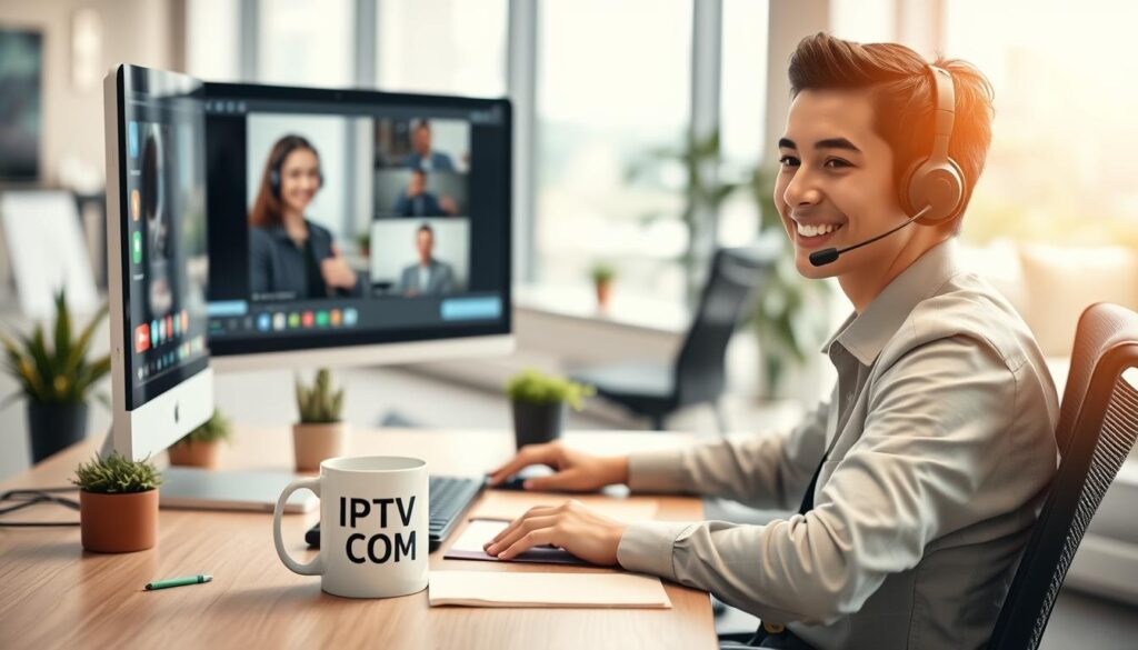 A modern customer support scene featuring a friendly representative seated at a sleek ergonomic desk with a computer, headphones, and notes. The foreground shows the representative, a young person wearing professional business attire, smiling and engaging with a client via video call. In the middle ground, there’s a well-organized workspace with some plant decorations and a coffee mug branded "IPTVVUK.COM" positioned prominently. The background includes a softly blurred view of an office environment with large windows allowing natural light to flood the space, enhancing the welcoming atmosphere. The image captures a warm, approachable mood, emphasizing professionalism and efficient service. Use a soft focus lens effect to create a calming ambiance, and ensure bright but even lighting to highlight the scene without harsh shadows. A modern customer support scene featuring a friendly representative seated at a sleek ergonomic desk with a computer, headphones, and notes. The foreground shows the representative, a young person wearing professional business attire, smiling and engaging with a client via video call. In the middle ground, there’s a well-organized workspace with some plant decorations and a coffee mug branded "IPTVVUK.COM" positioned prominently. The background includes a softly blurred view of an office environment with large windows allowing natural light to flood the space, enhancing the welcoming atmosphere. The image captures a warm, approachable mood, emphasizing professionalism and efficient service. Use a soft focus lens effect to create a calming ambiance, and ensure bright but even lighting to highlight the scene without harsh shadows.