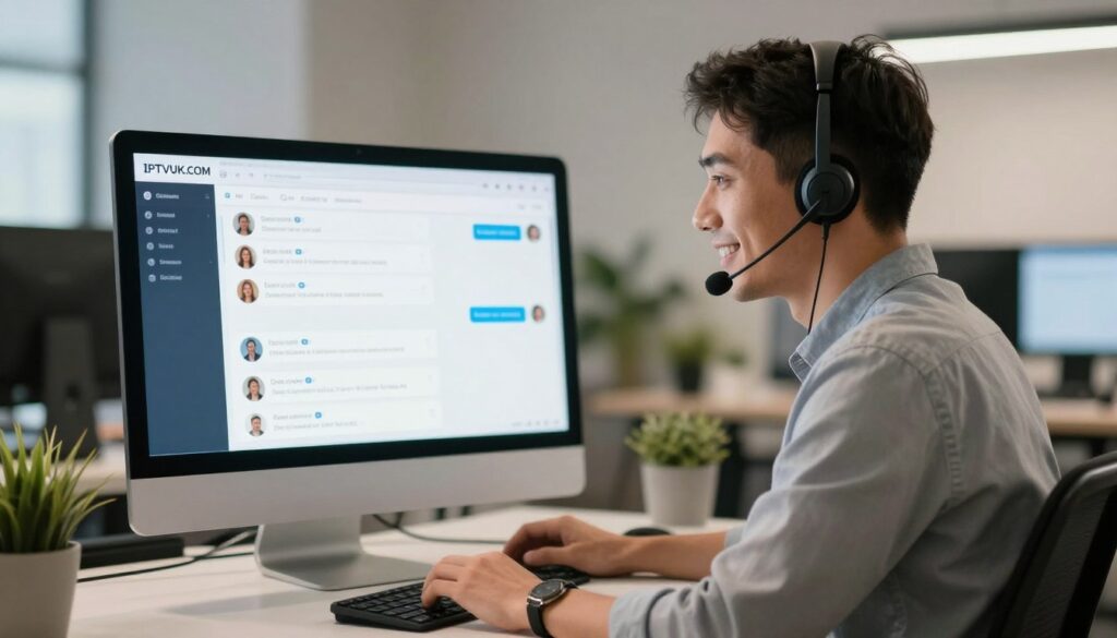 A modern customer support scene for IPTV services, showcasing a professional support representative in a sleek office environment. In the foreground, the representative, dressed in business casual attire, is engaged in a conversation through a headset, with a friendly smile and attentive expression. In the middle ground, a large desktop monitor displays the IPTVVUK.COM logo alongside a customer support interface filled with chat messages and user queries. The background features a clean, contemporary office setting with soft, ambient lighting, and a few potted plants to add warmth to the atmosphere. A slight depth of field effect creates focus on the representative while keeping the viewer aware of the tech-savvy workspace. Overall, the scene conveys a sense of reliability, professionalism, and helpfulness in customer service. A modern customer support scene for IPTV services, showcasing a professional support representative in a sleek office environment. In the foreground, the representative, dressed in business casual attire, is engaged in a conversation through a headset, with a friendly smile and attentive expression. In the middle ground, a large desktop monitor displays the IPTVVUK.COM logo alongside a customer support interface filled with chat messages and user queries. The background features a clean, contemporary office setting with soft, ambient lighting, and a few potted plants to add warmth to the atmosphere. A slight depth of field effect creates focus on the representative while keeping the viewer aware of the tech-savvy workspace. Overall, the scene conveys a sense of reliability, professionalism, and helpfulness in customer service.