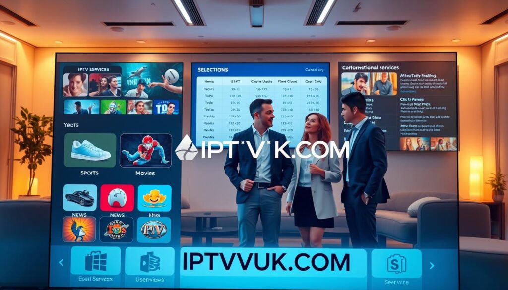 A modern digital interface showcasing a selection menu for IPTV services, centered in the foreground. Incorporate dynamic icons representing various genres—sports, movies, news, and kids’ programming. In the middle ground, feature a diverse group of three professionals discussing their options, all dressed in smart casual attire, suggesting collaboration and decision-making. The background should depict a sleek, tech-inspired office environment with large screens displaying IPTV service comparisons and user reviews. Utilize warm, inviting lighting to create a sense of comfort and usability. Capture the image at a slight angle to emphasize depth, while ensuring clarity in detail. The logo "IPTVVUK.COM" should be subtly integrated into the digital interface, without being the focus but still recognizable. A modern digital interface showcasing a selection menu for IPTV services, centered in the foreground. Incorporate dynamic icons representing various genres—sports, movies, news, and kids’ programming. In the middle ground, feature a diverse group of three professionals discussing their options, all dressed in smart casual attire, suggesting collaboration and decision-making. The background should depict a sleek, tech-inspired office environment with large screens displaying IPTV service comparisons and user reviews. Utilize warm, inviting lighting to create a sense of comfort and usability. Capture the image at a slight angle to emphasize depth, while ensuring clarity in detail. The logo "IPTVVUK.COM" should be subtly integrated into the digital interface, without being the focus but still recognizable.