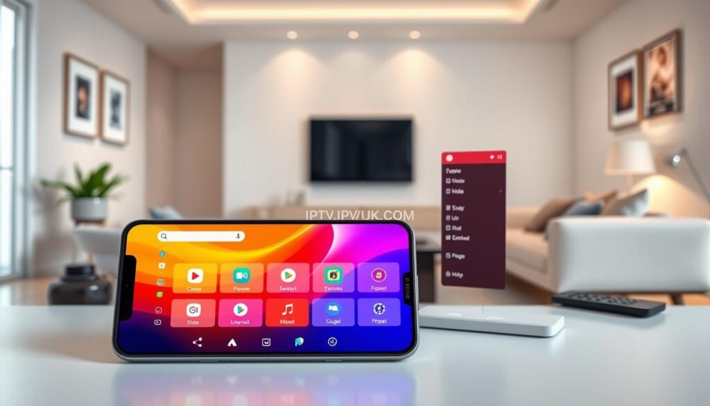 A modern digital user interface for "Cola IPTV" displayed on a sleek smartphone and tablet. In the foreground, the device screens showcase an elegant, intuitive layout with vibrant colors, eye-catching icons, and smooth navigation menus, all reflecting the user-friendly experience. The middle ground features subtle shadows to enhance depth, while the background includes a contemporary living space with soft lighting, creating a cozy yet tech-savvy atmosphere. The walls are decorated with minimalist art, and there's a glimpse of a soft couch and a coffee table with remote controls, emphasizing a relaxed viewing experience. The image represents "IPTVVUK.COM" prominently but cleanly within the interface. The overall mood is engaging and modern, capturing the essence of high-quality streaming. A modern digital user interface for "Cola IPTV" displayed on a sleek smartphone and tablet. In the foreground, the device screens showcase an elegant, intuitive layout with vibrant colors, eye-catching icons, and smooth navigation menus, all reflecting the user-friendly experience. The middle ground features subtle shadows to enhance depth, while the background includes a contemporary living space with soft lighting, creating a cozy yet tech-savvy atmosphere. The walls are decorated with minimalist art, and there's a glimpse of a soft couch and a coffee table with remote controls, emphasizing a relaxed viewing experience. The image represents "IPTVVUK.COM" prominently but cleanly within the interface. The overall mood is engaging and modern, capturing the essence of high-quality streaming.