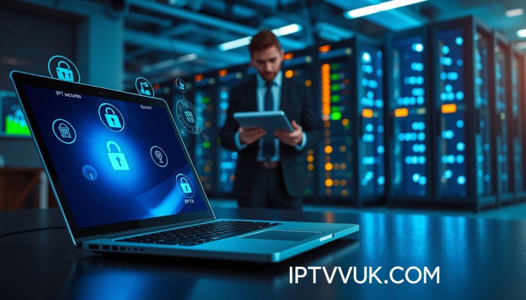 A modern digital workspace showcasing IPTV security features. In the foreground, a sleek laptop with a glowing screen displays an IPTV interface, surrounded by digital icons representing encryption and secure streaming. The middle ground features a professional in business attire analyzing data on a tablet, emphasizing the importance of security. In the background, a high-tech server room with illuminated servers and data racks suggests a secure infrastructure. Soft blue and green lighting creates a technological atmosphere, while the image is captured from a slightly elevated angle to provide depth. The overall mood is serious and focused, highlighting the significance of security considerations in selecting an IPTV provider. In the bottom corner, subtly include the brand name "IPTVVUK.COM" for branding purposes. A modern digital workspace showcasing IPTV security features. In the foreground, a sleek laptop with a glowing screen displays an IPTV interface, surrounded by digital icons representing encryption and secure streaming. The middle ground features a professional in business attire analyzing data on a tablet, emphasizing the importance of security. In the background, a high-tech server room with illuminated servers and data racks suggests a secure infrastructure. Soft blue and green lighting creates a technological atmosphere, while the image is captured from a slightly elevated angle to provide depth. The overall mood is serious and focused, highlighting the significance of security considerations in selecting an IPTV provider. In the bottom corner, subtly include the brand name "IPTVVUK.COM" for branding purposes.