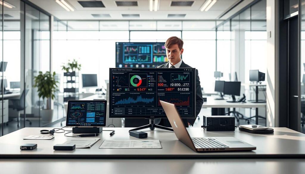 A modern, high-tech workspace displaying a detailed IPTV testing methodology. In the foreground, a sleek desk with a laptop open and various testing tools like software applications, data charts, and connectivity devices spread out. In the middle ground, a large screen showcasing IPTV streaming diagnostics and performance metrics, accompanied by a professional in business attire analyzing the data with focused intent. The background features a bright, well-lit office environment with glass partitions and tech gadgets, creating a productive atmosphere. Soft, natural lighting from large windows casts gentle shadows, enhancing the sense of professionalism and innovation. Subtle branding elements for "IPTVVUK.COM" should be integrated into the workspace decor, emphasizing expertise in IPTV solutions. A modern, high-tech workspace displaying a detailed IPTV testing methodology. In the foreground, a sleek desk with a laptop open and various testing tools like software applications, data charts, and connectivity devices spread out. In the middle ground, a large screen showcasing IPTV streaming diagnostics and performance metrics, accompanied by a professional in business attire analyzing the data with focused intent. The background features a bright, well-lit office environment with glass partitions and tech gadgets, creating a productive atmosphere. Soft, natural lighting from large windows casts gentle shadows, enhancing the sense of professionalism and innovation. Subtle branding elements for "IPTVVUK.COM" should be integrated into the workspace decor, emphasizing expertise in IPTV solutions.