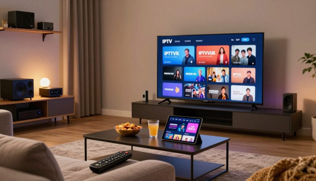 A modern home entertainment setup featuring a sleek large-screen television displaying various IPTV service interfaces, like IPTVVUK.COM, highlighting a variety of channels and streaming options. In the foreground, a comfortable sofa with a remote control resting on the armrest, inviting a relaxing atmosphere. In the middle, a stylish coffee table with snacks, drinks, and digital devices like a tablet showcasing streaming plans and pricing. The background features a cozy living room with soft ambient lighting, incorporating warm tones, with shelves displaying media gadgets. The mood is inviting and tech-savvy, emphasizing the convenience of IPTV services for families and entertainment enthusiasts. A modern home entertainment setup featuring a sleek large-screen television displaying various IPTV service interfaces, like IPTVVUK.COM, highlighting a variety of channels and streaming options. In the foreground, a comfortable sofa with a remote control resting on the armrest, inviting a relaxing atmosphere. In the middle, a stylish coffee table with snacks, drinks, and digital devices like a tablet showcasing streaming plans and pricing. The background features a cozy living room with soft ambient lighting, incorporating warm tones, with shelves displaying media gadgets. The mood is inviting and tech-savvy, emphasizing the convenience of IPTV services for families and entertainment enthusiasts.