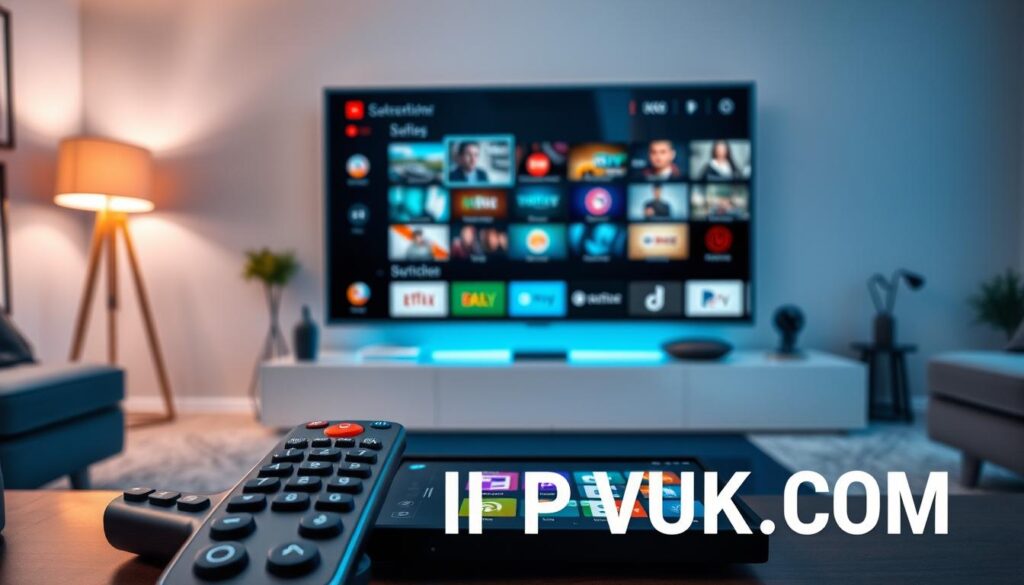 A modern home entertainment setup showcasing IPTV customization options. In the foreground, a sleek, high-tech remote control with illuminated buttons, surrounded by a stylish coffee table with a device displaying colorful IPTV interface options. The middle layer features a large flat-screen TV displaying various customizable channel layouts and streaming service icons, with vibrant visuals that suggest interactivity. In the background, a cozy living room setting with subtle lighting from stylish lamps creating an inviting atmosphere. Capture the mood of innovation and modern convenience, with a wide-angle perspective that emphasizes both the technology and the comfort of home viewing. The brand name "IPTVVUK.COM" subtly integrated into the design elements without text visibly obstructing the visuals. A modern home entertainment setup showcasing IPTV customization options. In the foreground, a sleek, high-tech remote control with illuminated buttons, surrounded by a stylish coffee table with a device displaying colorful IPTV interface options. The middle layer features a large flat-screen TV displaying various customizable channel layouts and streaming service icons, with vibrant visuals that suggest interactivity. In the background, a cozy living room setting with subtle lighting from stylish lamps creating an inviting atmosphere. Capture the mood of innovation and modern convenience, with a wide-angle perspective that emphasizes both the technology and the comfort of home viewing. The brand name "IPTVVUK.COM" subtly integrated into the design elements without text visibly obstructing the visuals.