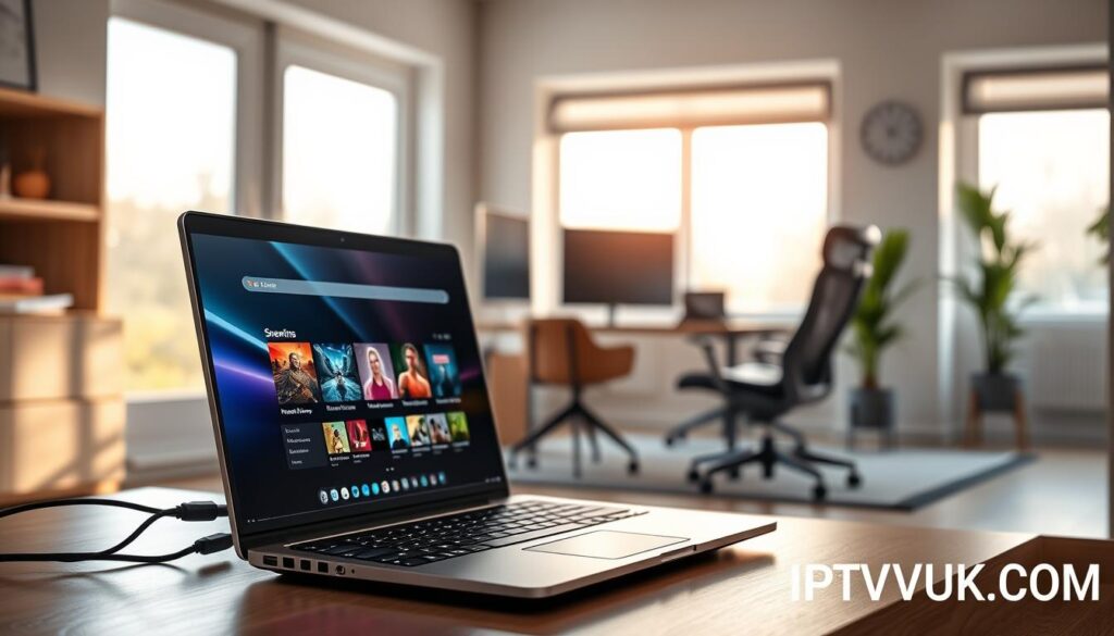 A modern home office environment showcasing a high-speed internet connection dedicated to streaming. In the foreground, a sleek laptop displays a vibrant streaming interface, while connected to a high-tech router with illuminated indicators. The middle ground features a cozy workspace with a stylish ergonomic chair and a potted plant, suggesting comfort and productivity. In the background, large windows let in soft natural light, creating a warm and inviting atmosphere. The scene should evoke a sense of reliability and modernity, emphasizing the importance of internet speed for seamless streaming. At the bottom right corner, subtly include the text "IPTVVUK.COM", ensuring it's unobtrusive. A modern home office environment showcasing a high-speed internet connection dedicated to streaming. In the foreground, a sleek laptop displays a vibrant streaming interface, while connected to a high-tech router with illuminated indicators. The middle ground features a cozy workspace with a stylish ergonomic chair and a potted plant, suggesting comfort and productivity. In the background, large windows let in soft natural light, creating a warm and inviting atmosphere. The scene should evoke a sense of reliability and modernity, emphasizing the importance of internet speed for seamless streaming. At the bottom right corner, subtly include the text "IPTVVUK.COM", ensuring it's unobtrusive.