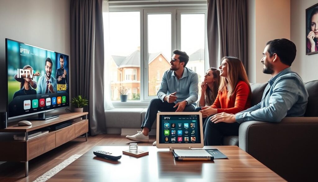 A modern living room bathed in soft, natural light, showcasing a sleek flat-screen TV displaying a vibrant IPTV streaming interface. In the foreground, a stylish coffee table holds various remotes, a notepad, and a tablet showing IPTVVUK.COM's home screen. The middle of the scene features a cozy sofa where a diverse group of four individuals, dressed in smart casual attire, attentively discusses the IPTV content, with expressions of curiosity and engagement. In the background, windows reveal a pleasant neighborhood view, adding serenity to the atmosphere. The lighting emphasizes the clarity and quality of the TV image, highlighting features such as high-resolution streaming and app accessibility. The overall mood is inviting and focused, underlining the importance of quality in IPTV services. A modern living room bathed in soft, natural light, showcasing a sleek flat-screen TV displaying a vibrant IPTV streaming interface. In the foreground, a stylish coffee table holds various remotes, a notepad, and a tablet showing IPTVVUK.COM's home screen. The middle of the scene features a cozy sofa where a diverse group of four individuals, dressed in smart casual attire, attentively discusses the IPTV content, with expressions of curiosity and engagement. In the background, windows reveal a pleasant neighborhood view, adding serenity to the atmosphere. The lighting emphasizes the clarity and quality of the TV image, highlighting features such as high-resolution streaming and app accessibility. The overall mood is inviting and focused, underlining the importance of quality in IPTV services.