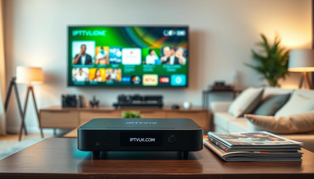 A modern living room featuring a sleek IPTV device prominently displayed on a stylish media console. The device has a minimalist design, with smooth lines and a digital display. The foreground includes a high-quality television screen showing vibrant streaming content, showcasing various channels available through IPTV services. In the middle ground, a comfortable sofa with plush cushions invites relaxation, while a coffee table holds remotes and a small stack of entertainment magazines. The background features soft, ambient lighting, with a warm glow from table lamps. Utilize a 50mm lens perspective for a focused depth effect, enhancing the inviting atmosphere of a contemporary entertainment space. Include the brand name "IPTVVUK.COM" subtly displayed on the device. A modern living room featuring a sleek IPTV device prominently displayed on a stylish media console. The device has a minimalist design, with smooth lines and a digital display. The foreground includes a high-quality television screen showing vibrant streaming content, showcasing various channels available through IPTV services. In the middle ground, a comfortable sofa with plush cushions invites relaxation, while a coffee table holds remotes and a small stack of entertainment magazines. The background features soft, ambient lighting, with a warm glow from table lamps. Utilize a 50mm lens perspective for a focused depth effect, enhancing the inviting atmosphere of a contemporary entertainment space. Include the brand name "IPTVVUK.COM" subtly displayed on the device.