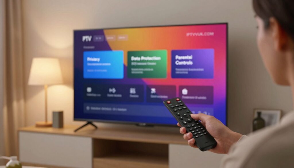 A modern living room featuring a sleek Smart TV displaying advanced IPTV privacy settings. In the foreground, a user attentively navigates the settings interface using a remote, showcasing clear buttons and modern graphics. The middle ground displays the television screen with vibrant colors, indicating various privacy options like "Data Protection" and "Parental Controls." The background is softly lit, with warm tones from ambient lamps creating a cozy atmosphere. The furniture is minimalist and stylish, enhancing a sense of sophistication. The scene is captured from an angle that emphasizes the screen's features, while maintaining a professional and secure streaming solution vibe. The brand name "IPTVVUK.COM" is subtly integrated into the TV interface design, promoting a sense of trust. A modern living room featuring a sleek Smart TV displaying advanced IPTV privacy settings. In the foreground, a user attentively navigates the settings interface using a remote, showcasing clear buttons and modern graphics. The middle ground displays the television screen with vibrant colors, indicating various privacy options like "Data Protection" and "Parental Controls." The background is softly lit, with warm tones from ambient lamps creating a cozy atmosphere. The furniture is minimalist and stylish, enhancing a sense of sophistication. The scene is captured from an angle that emphasizes the screen's features, while maintaining a professional and secure streaming solution vibe. The brand name "IPTVVUK.COM" is subtly integrated into the TV interface design, promoting a sense of trust.