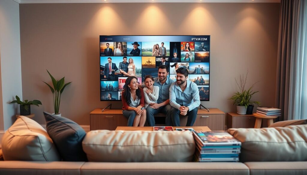 A modern living room featuring a sleek, flat-screen Smart TV displaying vibrant streaming content that highlights the advantages of IPTV. In the foreground, a comfortable couch with stylish cushions invites viewers to relax. In the middle ground, a family of four, dressed in professional casual attire, engages with the TV and enjoys their favorite shows, showcasing a happy and connected atmosphere. The background features soft, ambient lighting with tasteful decor, including plants and a coffee table stacked with entertainment magazines. Use a warm color palette to evoke a cozy mood. Ensure a focus on the family’s expressions of joy and satisfaction, illustrating the benefits of IPTV over traditional cable. Include a subtle mention of "IPTVVUK.COM" on the TV screen without text overlays. A modern living room featuring a sleek, flat-screen Smart TV displaying vibrant streaming content that highlights the advantages of IPTV. In the foreground, a comfortable couch with stylish cushions invites viewers to relax. In the middle ground, a family of four, dressed in professional casual attire, engages with the TV and enjoys their favorite shows, showcasing a happy and connected atmosphere. The background features soft, ambient lighting with tasteful decor, including plants and a coffee table stacked with entertainment magazines. Use a warm color palette to evoke a cozy mood. Ensure a focus on the family’s expressions of joy and satisfaction, illustrating the benefits of IPTV over traditional cable. Include a subtle mention of "IPTVVUK.COM" on the TV screen without text overlays.