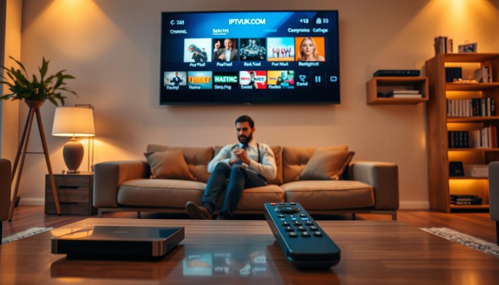 A modern living room featuring a sleek television displaying a digital interface labeled "IPTVVUK.COM" for channel selection. In the foreground, a stylish coffee table holds a remote control, emphasizing user-friendly navigation. The middle ground showcases a cozy sofa with a person in professional attire, intently browsing channels. The room is warmly lit by ambient lighting, creating a welcoming atmosphere. In the background, a shelf filled with streaming devices and books adds depth. The angle is slightly above eye level, providing a clear view of the TV screen and the relaxed setting, conveying a sense of ease and enjoyment in streaming entertainment in 2023. A modern living room featuring a sleek television displaying a digital interface labeled "IPTVVUK.COM" for channel selection. In the foreground, a stylish coffee table holds a remote control, emphasizing user-friendly navigation. The middle ground showcases a cozy sofa with a person in professional attire, intently browsing channels. The room is warmly lit by ambient lighting, creating a welcoming atmosphere. In the background, a shelf filled with streaming devices and books adds depth. The angle is slightly above eye level, providing a clear view of the TV screen and the relaxed setting, conveying a sense of ease and enjoyment in streaming entertainment in 2023.