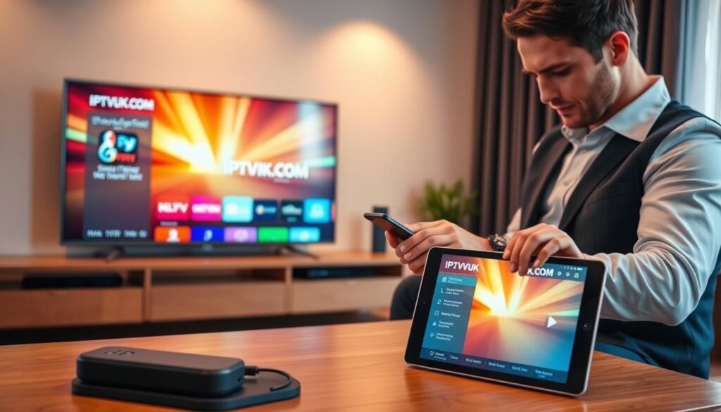 A modern living room featuring an IPTV setup on various devices: a large smart TV displaying a vibrant IPTV interface, a tablet on a coffee table showing the same interface, and a smartphone in the foreground. In the background, there’s a sleek entertainment center with additional streaming devices, like a streaming stick and a soundbar. The lighting is warm and inviting, with soft ambient light creating a cozy atmosphere. A professional individual in smart casual attire is adjusting the IPTV settings on the tablet, reflecting a focus on optimizing the viewing experience. The scene is well-composed with a slight depth of field effect, emphasizing the devices, while hinting at the modern interior décor. Brand logo "IPTVVUK.COM" is subtly integrated into the smart TV display. A modern living room featuring an IPTV setup on various devices: a large smart TV displaying a vibrant IPTV interface, a tablet on a coffee table showing the same interface, and a smartphone in the foreground. In the background, there’s a sleek entertainment center with additional streaming devices, like a streaming stick and a soundbar. The lighting is warm and inviting, with soft ambient light creating a cozy atmosphere. A professional individual in smart casual attire is adjusting the IPTV settings on the tablet, reflecting a focus on optimizing the viewing experience. The scene is well-composed with a slight depth of field effect, emphasizing the devices, while hinting at the modern interior décor. Brand logo "IPTVVUK.COM" is subtly integrated into the smart TV display.