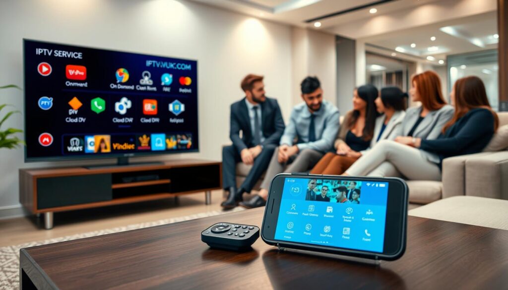 A modern living room interior showcasing an IPTV setup, featuring a sleek smart TV displaying various IPTV service icons and options, symbolizing essential features like on-demand content, cloud DVR, and multi-device support. In the foreground, a stylish coffee table holds a remote control and a smartphone with the IPTVVUK.COM app open, highlighting user-friendly navigation. The middle ground features a cozy sofa where a diverse group of people, dressed in professional business attire, are engaged in discussing their favorite shows, reflecting a communal viewing experience. The background displays soft ambient lighting from modern fixtures, creating a warm and inviting atmosphere. Capture the scene with a slight angle to emphasize the interaction among users and the technology they are using. A modern living room interior showcasing an IPTV setup, featuring a sleek smart TV displaying various IPTV service icons and options, symbolizing essential features like on-demand content, cloud DVR, and multi-device support. In the foreground, a stylish coffee table holds a remote control and a smartphone with the IPTVVUK.COM app open, highlighting user-friendly navigation. The middle ground features a cozy sofa where a diverse group of people, dressed in professional business attire, are engaged in discussing their favorite shows, reflecting a communal viewing experience. The background displays soft ambient lighting from modern fixtures, creating a warm and inviting atmosphere. Capture the scene with a slight angle to emphasize the interaction among users and the technology they are using.