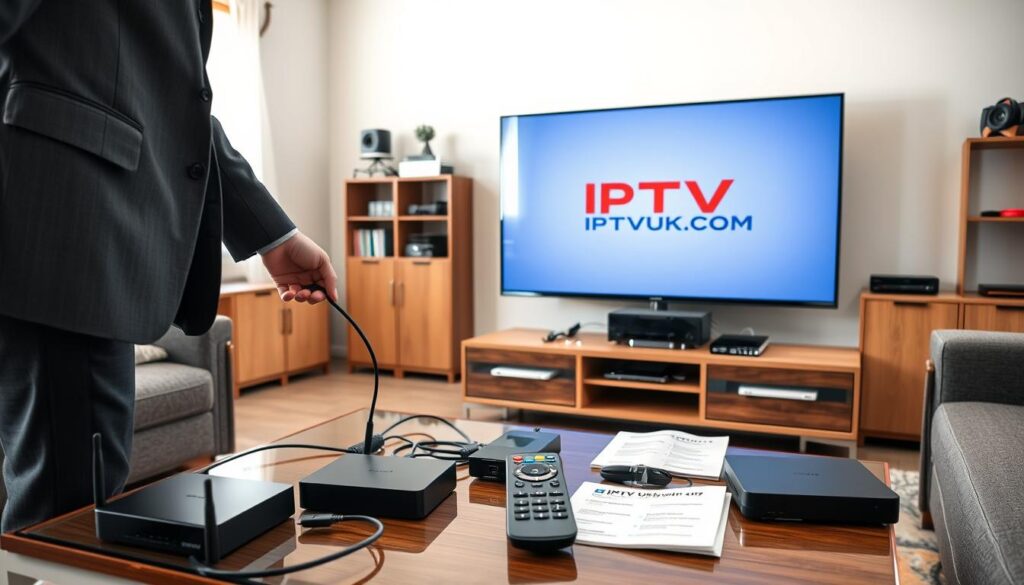 A modern living room scene capturing the IPTV setup process, featuring a sleek flat-screen TV displaying the IPTVVUK.COM logo on the screen. In the foreground, a person in professional business attire is connecting various devices like a streaming box, HDMI cables, and a router. The middle ground shows a stylish coffee table with a user-friendly remote control and paperwork detailing IPTV plans. The background includes contemporary furniture and shelves adorned with tech gadgets, creating a cozy yet advanced atmosphere. Soft, natural lighting emanates from a nearby window, highlighting the organized chaos of technology. The angle of the shot is slightly elevated, focusing on the interaction between the person and the devices. The mood is one of focus and excitement, emphasizing the simplicity and accessibility of the IPTV setup process. A modern living room scene capturing the IPTV setup process, featuring a sleek flat-screen TV displaying the IPTVVUK.COM logo on the screen. In the foreground, a person in professional business attire is connecting various devices like a streaming box, HDMI cables, and a router. The middle ground shows a stylish coffee table with a user-friendly remote control and paperwork detailing IPTV plans. The background includes contemporary furniture and shelves adorned with tech gadgets, creating a cozy yet advanced atmosphere. Soft, natural lighting emanates from a nearby window, highlighting the organized chaos of technology. The angle of the shot is slightly elevated, focusing on the interaction between the person and the devices. The mood is one of focus and excitement, emphasizing the simplicity and accessibility of the IPTV setup process.