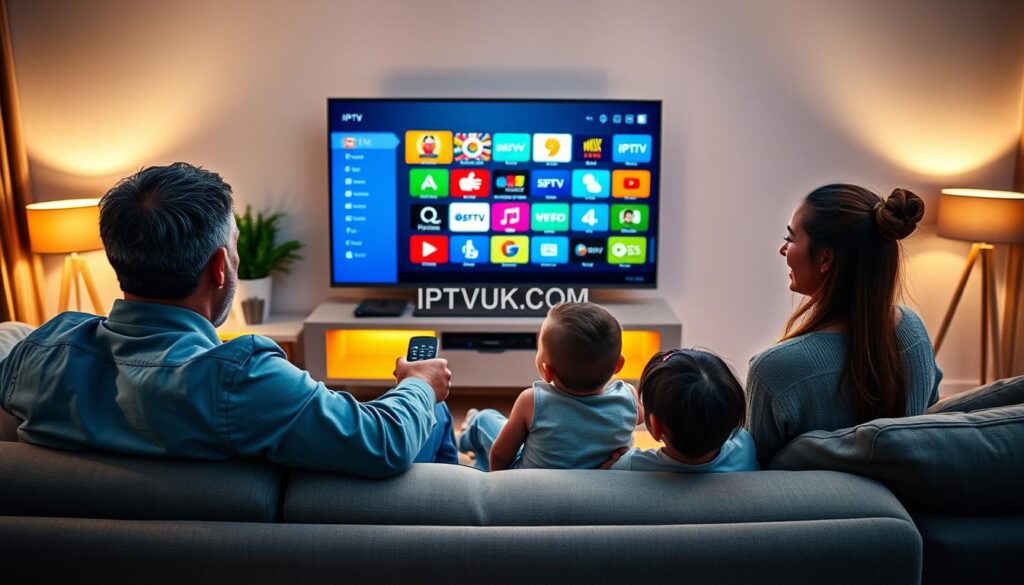 A modern living room scene featuring a family gathered around a smart television, testing an IPTV service. In the foreground, a father and mother sit on a comfortable couch with their children, all engaged in selecting channels on a sleek remote. The father is wearing a casual, professional outfit, and the mother is dressed in modest attire. The middle ground shows a large flat-screen TV displaying various colorful IPTV interface options. The background features a well-decorated living space with soft lighting from floor lamps, giving a cozy atmosphere. Use a warm color palette to convey a welcoming mood, with subtle highlights to emphasize the technology. The brand name "IPTVVUK.COM" is subtly integrated into the TV interface as part of the design. A modern living room scene featuring a family gathered around a smart television, testing an IPTV service. In the foreground, a father and mother sit on a comfortable couch with their children, all engaged in selecting channels on a sleek remote. The father is wearing a casual, professional outfit, and the mother is dressed in modest attire. The middle ground shows a large flat-screen TV displaying various colorful IPTV interface options. The background features a well-decorated living space with soft lighting from floor lamps, giving a cozy atmosphere. Use a warm color palette to convey a welcoming mood, with subtle highlights to emphasize the technology. The brand name "IPTVVUK.COM" is subtly integrated into the TV interface as part of the design.