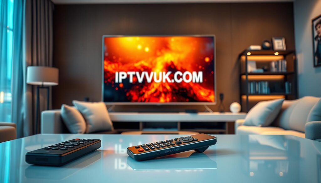 A modern living room scene featuring a large flat-screen TV displaying high-definition IPTV content. In the foreground, a sleek remote control lies on a stylish coffee table, with reflections of the vivid colors from the screen creating a warm ambiance. In the middle, a comfortable sofa with plush cushions is positioned, showcasing a light, neutral color palette. Soft ambient lighting enhances the cozy atmosphere, emphasizing the detailed textures of the room. In the background, a well-decorated shelf displays a few smart streaming devices and books, hinting at a tech-savvy lifestyle. The overall mood is relaxed and inviting, with a focus on streaming quality and performance. Include the brand name "IPTVVUK.COM" subtly on the TV screen, ensuring it blends naturally into the design. A modern living room scene featuring a large flat-screen TV displaying high-definition IPTV content. In the foreground, a sleek remote control lies on a stylish coffee table, with reflections of the vivid colors from the screen creating a warm ambiance. In the middle, a comfortable sofa with plush cushions is positioned, showcasing a light, neutral color palette. Soft ambient lighting enhances the cozy atmosphere, emphasizing the detailed textures of the room. In the background, a well-decorated shelf displays a few smart streaming devices and books, hinting at a tech-savvy lifestyle. The overall mood is relaxed and inviting, with a focus on streaming quality and performance. Include the brand name "IPTVVUK.COM" subtly on the TV screen, ensuring it blends naturally into the design.