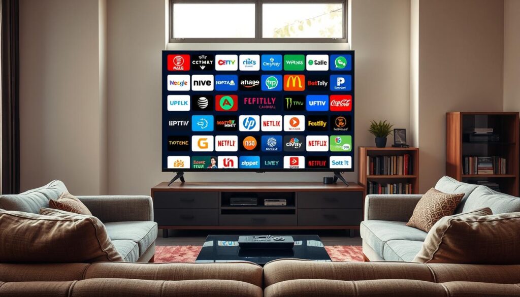 A modern living room scene featuring a large flat-screen television displaying a dynamic array of global IPTV channel logos, showcasing diverse content from various cultures. In the foreground, a cozy sofa with a stylish design occupies the space, while a coffee table holds a sleek remote control. In the middle, a bookshelf with tech gadgets and books subtly indicates the convergence of technology and entertainment. The background shows a window with natural light filtering in, creating a warm and inviting atmosphere. The mood is relaxed yet contemporary, symbolizing the shift from traditional cable to modern streaming options. Ensure the image includes a subtle reference to IPTVVUK.COM integrated into the channel display. Use soft lighting and a wide-angle lens for a spacious feel. A modern living room scene featuring a large flat-screen television displaying a dynamic array of global IPTV channel logos, showcasing diverse content from various cultures. In the foreground, a cozy sofa with a stylish design occupies the space, while a coffee table holds a sleek remote control. In the middle, a bookshelf with tech gadgets and books subtly indicates the convergence of technology and entertainment. The background shows a window with natural light filtering in, creating a warm and inviting atmosphere. The mood is relaxed yet contemporary, symbolizing the shift from traditional cable to modern streaming options. Ensure the image includes a subtle reference to IPTVVUK.COM integrated into the channel display. Use soft lighting and a wide-angle lens for a spacious feel.