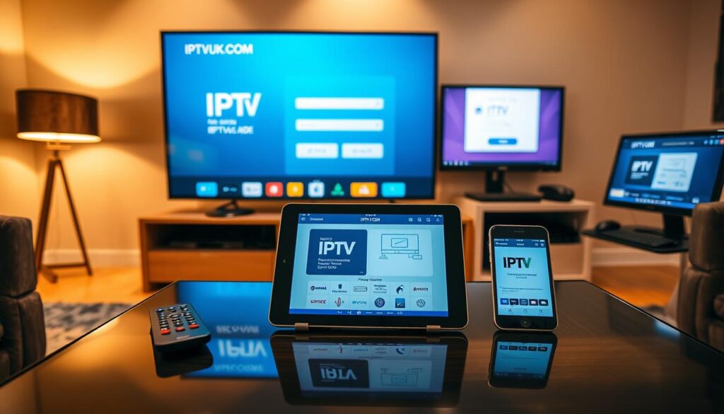 A modern living room scene featuring multiple devices displaying IPTV installation setups. In the foreground, a sleek flat-screen TV shows the IPTV interface, with a remote control beside it. In the middle, a tablet rests on a coffee table displaying a setup guide, while a smartphone showcases the IPTV app. In the background, a desktop computer is visible with an IPTV installation window open. The lighting is warm and inviting, creating a cozy atmosphere, with soft shadows cast by a nearby lamp. Use a wide-angle lens effect to capture the entire setup, emphasizing the technology's integration into daily life. Include elements of the brand "IPTVVUK.COM" subtly integrated into the devices' screens, ensuring a professional and clean presentation. A modern living room scene featuring multiple devices displaying IPTV installation setups. In the foreground, a sleek flat-screen TV shows the IPTV interface, with a remote control beside it. In the middle, a tablet rests on a coffee table displaying a setup guide, while a smartphone showcases the IPTV app. In the background, a desktop computer is visible with an IPTV installation window open. The lighting is warm and inviting, creating a cozy atmosphere, with soft shadows cast by a nearby lamp. Use a wide-angle lens effect to capture the entire setup, emphasizing the technology's integration into daily life. Include elements of the brand "IPTVVUK.COM" subtly integrated into the devices' screens, ensuring a professional and clean presentation.