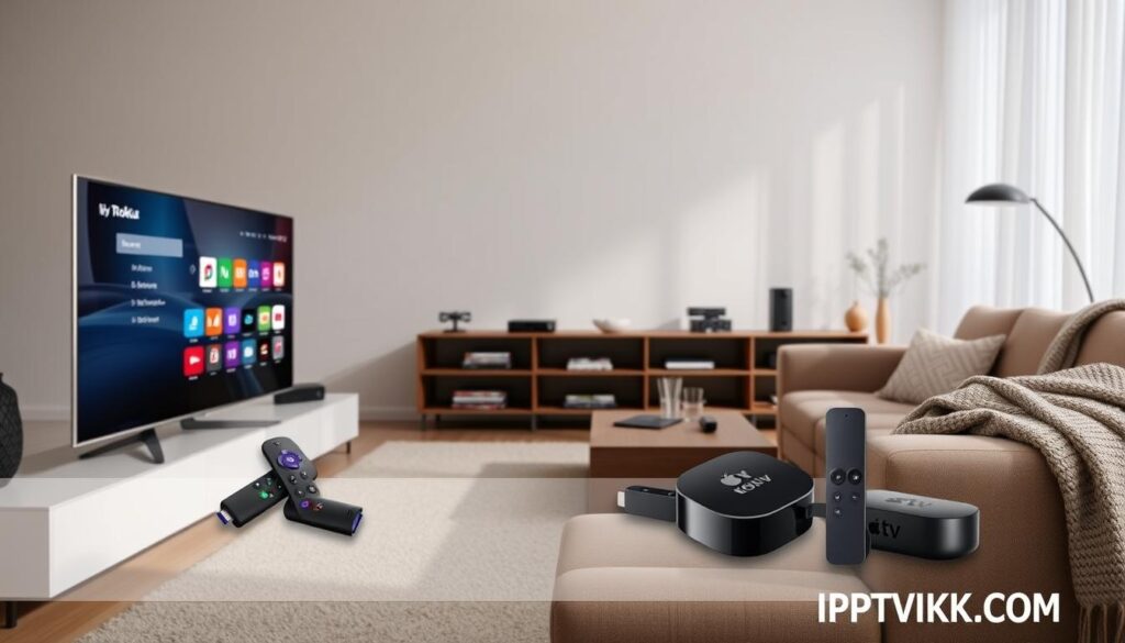 A modern living room scene featuring various streaming devices that exemplify device compatibility and accessibility. In the foreground, an ultra-slim smart TV displays an elegant user interface, flanked by popular streaming devices like a Roku, Amazon Fire Stick, and Apple TV, all with distinct logos. The middle ground offers a stylish entertainment center with game consoles, DVDs, and remote controls, while a plush couch with a cozy throw invites viewers to experience comfort. The background reveals a window with soft, natural light filtering through sheer curtains, creating a warm atmosphere. The room has a contemporary design with minimalistic decor, emphasizing technology's integration into everyday life. The image resonates with a sense of innovation and convenience, showcasing how IPTVVUK.COM connects viewers. A modern living room scene featuring various streaming devices that exemplify device compatibility and accessibility. In the foreground, an ultra-slim smart TV displays an elegant user interface, flanked by popular streaming devices like a Roku, Amazon Fire Stick, and Apple TV, all with distinct logos. The middle ground offers a stylish entertainment center with game consoles, DVDs, and remote controls, while a plush couch with a cozy throw invites viewers to experience comfort. The background reveals a window with soft, natural light filtering through sheer curtains, creating a warm atmosphere. The room has a contemporary design with minimalistic decor, emphasizing technology's integration into everyday life. The image resonates with a sense of innovation and convenience, showcasing how IPTVVUK.COM connects viewers.
