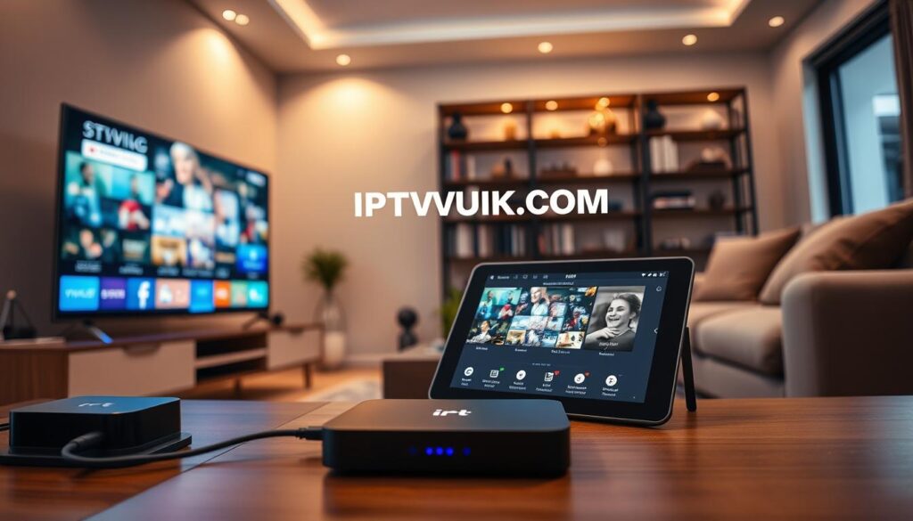 A modern living room scene focused on various IPTV compatible devices, including a sleek smart TV, a compact streaming box, and a tablet displaying an IPTV interface. In the foreground, the smart TV shows vibrant streaming content, while the streaming box is connected with visible cables. The middle ground features the tablet on a coffee table, illuminated by warm indoor lighting. The background includes a stylish bookshelf and plush seating, creating a cozy atmosphere. The scene should be shot from a slightly elevated angle, simulating a natural viewer's perspective. Invoke a welcoming and tech-savvy mood while featuring the brand "IPTVVUK.COM" subtly integrated into the TV display. Aim for a clear, crisp image with balanced lighting to enhance the technical focus on IPTV services. A modern living room scene focused on various IPTV compatible devices, including a sleek smart TV, a compact streaming box, and a tablet displaying an IPTV interface. In the foreground, the smart TV shows vibrant streaming content, while the streaming box is connected with visible cables. The middle ground features the tablet on a coffee table, illuminated by warm indoor lighting. The background includes a stylish bookshelf and plush seating, creating a cozy atmosphere. The scene should be shot from a slightly elevated angle, simulating a natural viewer's perspective. Invoke a welcoming and tech-savvy mood while featuring the brand "IPTVVUK.COM" subtly integrated into the TV display. Aim for a clear, crisp image with balanced lighting to enhance the technical focus on IPTV services.