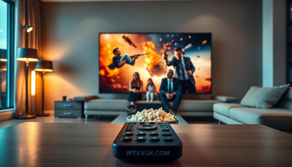 A modern living room scene showcasing IPTV streaming quality, with a large, ultra-high-definition screen displaying a vibrant, action-packed scene from a popular movie. In the foreground, a sleek, minimalist coffee table holds a remote control labeled with "IPTVVUK.COM" and a bowl of popcorn. The middle ground features a comfortable sofa with a family dressed in professional business attire, engaged and watching the screen. The background shows warm ambient lighting from stylish floor lamps and a large window with a view of a sunset, creating a cozy atmosphere. The overall mood is inviting and immersive, emphasizing the stunning clarity and detail of IPTV streaming. The scene is rendered in soft focus with a slight lens flare effect to enhance the vibrant colors. A modern living room scene showcasing IPTV streaming quality, with a large, ultra-high-definition screen displaying a vibrant, action-packed scene from a popular movie. In the foreground, a sleek, minimalist coffee table holds a remote control labeled with "IPTVVUK.COM" and a bowl of popcorn. The middle ground features a comfortable sofa with a family dressed in professional business attire, engaged and watching the screen. The background shows warm ambient lighting from stylish floor lamps and a large window with a view of a sunset, creating a cozy atmosphere. The overall mood is inviting and immersive, emphasizing the stunning clarity and detail of IPTV streaming. The scene is rendered in soft focus with a slight lens flare effect to enhance the vibrant colors.