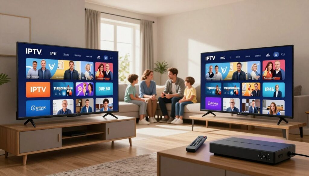 A modern living room scene showcasing IPTV technology versus traditional cable. In the foreground, a sleek smart TV displays a vibrant IPTV interface, highlighting various channels and content options, with a remote control beside it. The middle ground features a comfortable couch with a family gathered around the television, all dressed in professional casual attire, engaged and enjoying the viewing experience. The background shows a window with natural light streaming in, creating a warm and inviting atmosphere in the room. The scene is framed using a wide-angle lens for depth, emphasizing the contrast between traditional cable boxes on a side table, creating a sense of a shifting future in entertainment. The mood is optimistic and engaging, reflecting the transition to modern viewing. The brand "IPTVVUK.COM" subtly integrated into the design elements of the IPTV screen. A modern living room scene showcasing IPTV technology versus traditional cable. In the foreground, a sleek smart TV displays a vibrant IPTV interface, highlighting various channels and content options, with a remote control beside it. The middle ground features a comfortable couch with a family gathered around the television, all dressed in professional casual attire, engaged and enjoying the viewing experience. The background shows a window with natural light streaming in, creating a warm and inviting atmosphere in the room. The scene is framed using a wide-angle lens for depth, emphasizing the contrast between traditional cable boxes on a side table, creating a sense of a shifting future in entertainment. The mood is optimistic and engaging, reflecting the transition to modern viewing. The brand "IPTVVUK.COM" subtly integrated into the design elements of the IPTV screen.