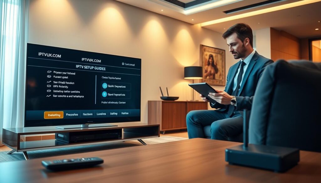 A modern living room scene showcasing an IPTV setup guide on a sleek Smart TV. In the foreground, an elegantly designed TV stand holds a high-definition Smart TV displaying a detailed IPTV setup interface, highlighting the installation steps. To the side, a user-friendly remote control lies open. In the middle ground, a professional in smart casual attire studies the guide on a tablet, reflecting focus and engagement. The background features contemporary decor with warm lighting that creates an inviting atmosphere. Soft shadows from ambient light give depth to the setting. Small details like a Wi-Fi router and streaming devices can be subtly included to enhance the theme. Ensure the brand "IPTVVUK.COM" is visible on the screen without any text or watermarks. A modern living room scene showcasing an IPTV setup guide on a sleek Smart TV. In the foreground, an elegantly designed TV stand holds a high-definition Smart TV displaying a detailed IPTV setup interface, highlighting the installation steps. To the side, a user-friendly remote control lies open. In the middle ground, a professional in smart casual attire studies the guide on a tablet, reflecting focus and engagement. The background features contemporary decor with warm lighting that creates an inviting atmosphere. Soft shadows from ambient light give depth to the setting. Small details like a Wi-Fi router and streaming devices can be subtly included to enhance the theme. Ensure the brand "IPTVVUK.COM" is visible on the screen without any text or watermarks.