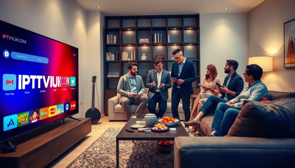 A modern living room scene showcasing an IPTV streaming service experience. In the foreground, a sleek, large television displays the IPTVVUK.COM logo with colorful streaming options alongside. Comfortable furniture, like a stylish couch and a coffee table scattered with snacks, enhances the cozy atmosphere. The middle of the image features a diverse group of three people—two men and a woman—all dressed in smart casual clothing, engaged in lively discussion while holding streaming devices like tablets and remotes. In the background, soft ambient lighting creates a warm and inviting mood, with shelves containing books and decorative items. The angled perspective captures the excitement of choosing the best streaming service, inviting viewers into this engaging scene. A modern living room scene showcasing an IPTV streaming service experience. In the foreground, a sleek, large television displays the IPTVVUK.COM logo with colorful streaming options alongside. Comfortable furniture, like a stylish couch and a coffee table scattered with snacks, enhances the cozy atmosphere. The middle of the image features a diverse group of three people—two men and a woman—all dressed in smart casual clothing, engaged in lively discussion while holding streaming devices like tablets and remotes. In the background, soft ambient lighting creates a warm and inviting mood, with shelves containing books and decorative items. The angled perspective captures the excitement of choosing the best streaming service, inviting viewers into this engaging scene.