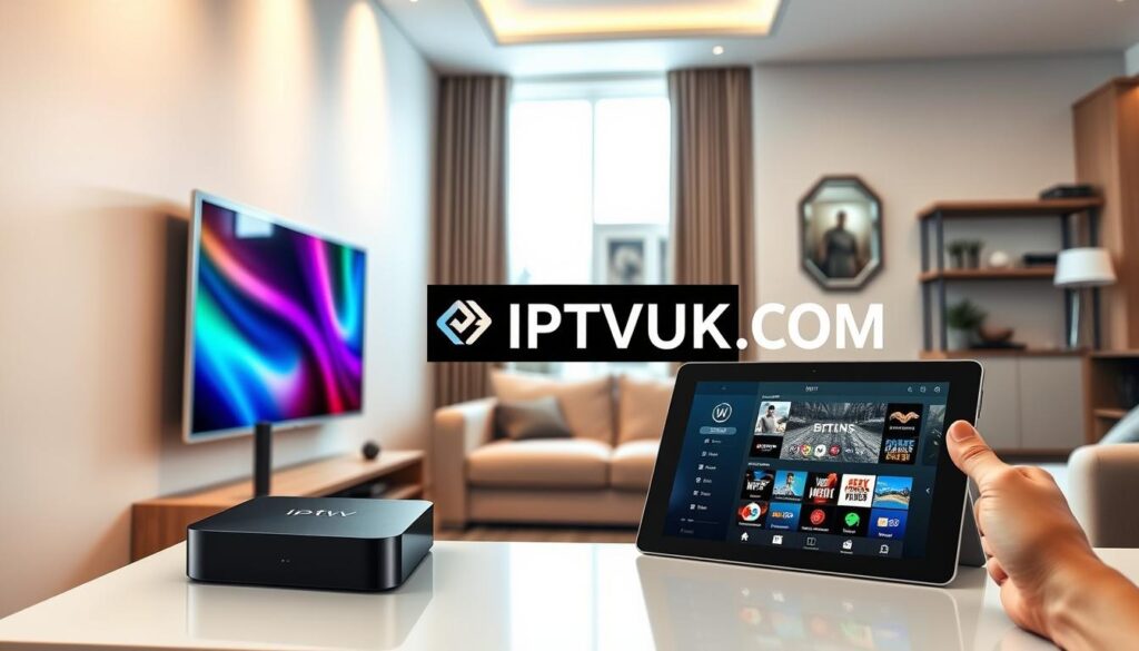 A modern living room scene showcasing various IPTV compatible devices, including a sleek smart TV, a compact streaming box, and a tablet displaying IPTV content. In the foreground, the smart TV is mounted on a minimalist wall, reflecting a bright screen with vibrant colors. The streaming box is elegantly placed on a stylish shelf beside the TV. Soft, diffused lighting creates a warm atmosphere, highlighting the devices. In the middle, a plush sofa is neatly arranged, adding a cozy touch to the scene. The background features contemporary decor, with a window allowing natural light to enter, enhancing the inviting vibe. The brand name "IPTVVUK.COM" is subtly integrated into the scene as an affinity logo on the TV screen. A modern living room scene showcasing various IPTV compatible devices, including a sleek smart TV, a compact streaming box, and a tablet displaying IPTV content. In the foreground, the smart TV is mounted on a minimalist wall, reflecting a bright screen with vibrant colors. The streaming box is elegantly placed on a stylish shelf beside the TV. Soft, diffused lighting creates a warm atmosphere, highlighting the devices. In the middle, a plush sofa is neatly arranged, adding a cozy touch to the scene. The background features contemporary decor, with a window allowing natural light to enter, enhancing the inviting vibe. The brand name "IPTVVUK.COM" is subtly integrated into the scene as an affinity logo on the TV screen.