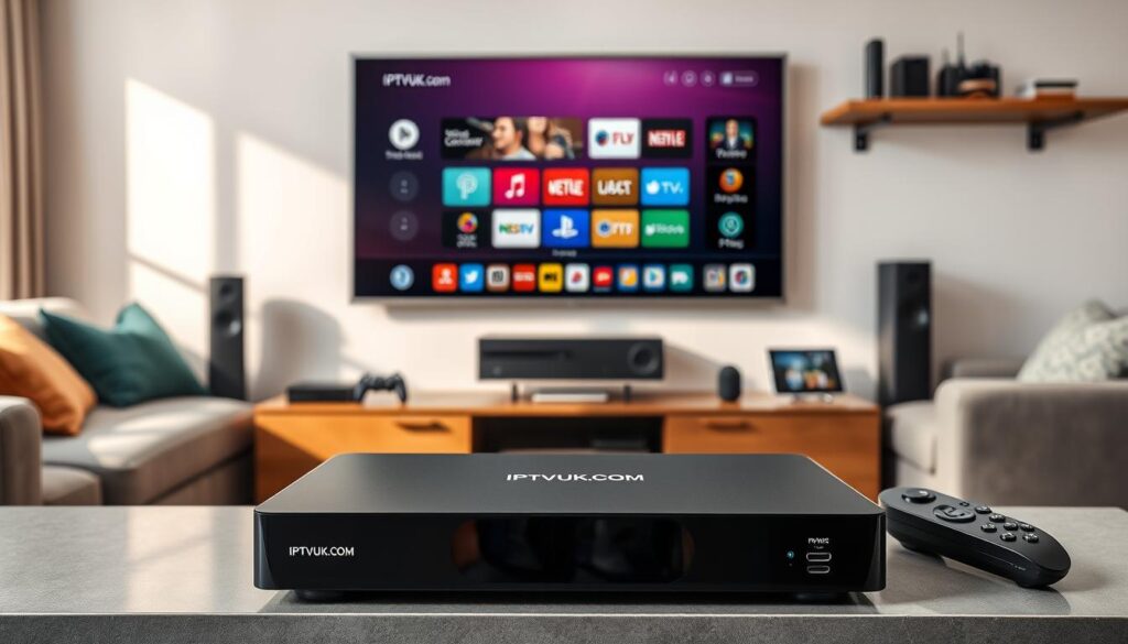 A modern living room scene showcasing various IPTV devices on a sleek entertainment unit. In the foreground, a stylish IPTV set-top box with distinctive branding "IPTVVUK.COM" is prominently displayed. In the middle, a large flat-screen TV is mounted on the wall, featuring an intuitive user interface demonstrating several apps and content options. Surrounding the TV are compatible devices like a gaming console, streaming stick, and tablet, visually illustrating device compatibility. The background is softly lit, with natural light filtering through a window, creating a warm and inviting atmosphere. The room features contemporary decor, such as a cozy sofa and shelf with smart speakers, emphasizing a tech-savvy lifestyle. The overall mood is friendly and modern, reflecting ease of use and accessibility in setting up IPTV services. A modern living room scene showcasing various IPTV devices on a sleek entertainment unit. In the foreground, a stylish IPTV set-top box with distinctive branding "IPTVVUK.COM" is prominently displayed. In the middle, a large flat-screen TV is mounted on the wall, featuring an intuitive user interface demonstrating several apps and content options. Surrounding the TV are compatible devices like a gaming console, streaming stick, and tablet, visually illustrating device compatibility. The background is softly lit, with natural light filtering through a window, creating a warm and inviting atmosphere. The room features contemporary decor, such as a cozy sofa and shelf with smart speakers, emphasizing a tech-savvy lifestyle. The overall mood is friendly and modern, reflecting ease of use and accessibility in setting up IPTV services.