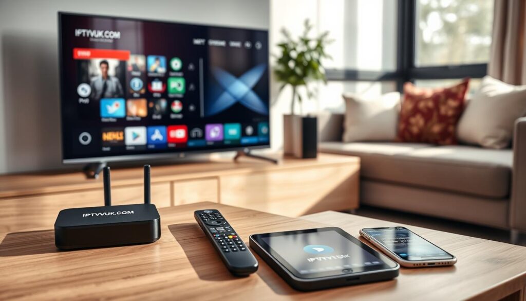 A modern living room scene showcasing various IPTV devices on a sleek wooden entertainment unit. In the foreground, a trendy smart TV displays a vibrant streaming menu, while beside it, a compact IPTV box with the brand name "IPTVVUK.COM" is elegantly positioned. The middle ground features wireless devices, such as a tablet and smartphone, displaying compatible streaming apps. The background includes a cozy couch with throw pillows, and large windows letting in soft, natural light, creating a warm and inviting atmosphere. The scene is captured from an angle that highlights the devices and their seamless integration into daily life, evoking a sense of accessibility and modern convenience in home entertainment. The overall mood is relaxed yet tech-savvy, ideal for illustrating device compatibility and setup. A modern living room scene showcasing various IPTV devices on a sleek wooden entertainment unit. In the foreground, a trendy smart TV displays a vibrant streaming menu, while beside it, a compact IPTV box with the brand name "IPTVVUK.COM" is elegantly positioned. The middle ground features wireless devices, such as a tablet and smartphone, displaying compatible streaming apps. The background includes a cozy couch with throw pillows, and large windows letting in soft, natural light, creating a warm and inviting atmosphere. The scene is captured from an angle that highlights the devices and their seamless integration into daily life, evoking a sense of accessibility and modern convenience in home entertainment. The overall mood is relaxed yet tech-savvy, ideal for illustrating device compatibility and setup.
