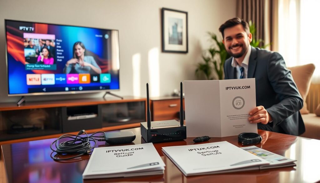 A modern living room setting dedicated to setting up an IPTV service. In the foreground, a sleek television displaying a colorful IPTV interface. A friendly person in smart casual attire is kneeling beside an entertainment center, connecting devices like a router and set-top box. In the middle ground, various IPTV devices, cables, and a user-friendly instruction manual titled "IPTVVUK.COM Setup Guide" are spread out on a polished table. Soft, natural light filters through a nearby window, casting a warm glow throughout the room. The background features tasteful decor, like framed artwork and plants, creating an inviting atmosphere. The mood is practical and instructional, emphasizing ease of setup and the joy of new technology. A modern living room setting dedicated to setting up an IPTV service. In the foreground, a sleek television displaying a colorful IPTV interface. A friendly person in smart casual attire is kneeling beside an entertainment center, connecting devices like a router and set-top box. In the middle ground, various IPTV devices, cables, and a user-friendly instruction manual titled "IPTVVUK.COM Setup Guide" are spread out on a polished table. Soft, natural light filters through a nearby window, casting a warm glow throughout the room. The background features tasteful decor, like framed artwork and plants, creating an inviting atmosphere. The mood is practical and instructional, emphasizing ease of setup and the joy of new technology.
