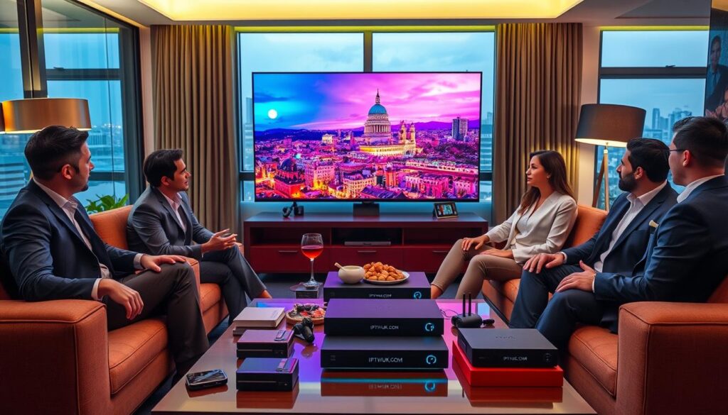 A modern living room setting designed for optimal IPTV streaming, showcasing a sleek, ultra-high-definition television displaying vibrant IPTV content. In the foreground, a diverse group of four professionals, dressed in smart business attire, engages in discussion while seated comfortably around a stylish coffee table cluttered with tech gadgets and snacks. The middle background features an advanced streaming device branded with "IPTVVUK.COM" and glowing with a soft blue light. The ambiance is warm and inviting, enhanced by soft, diffused lighting from a stylish floor lamp, creating a relaxed yet focused atmosphere. The background features large windows with a view of a peaceful urban landscape outside, hinting at modern technology through digital screens subtly integrated into the decor. The overall mood is productive and innovative, emphasizing the importance of a seamless IPTV streaming experience. A modern living room setting designed for optimal IPTV streaming, showcasing a sleek, ultra-high-definition television displaying vibrant IPTV content. In the foreground, a diverse group of four professionals, dressed in smart business attire, engages in discussion while seated comfortably around a stylish coffee table cluttered with tech gadgets and snacks. The middle background features an advanced streaming device branded with "IPTVVUK.COM" and glowing with a soft blue light. The ambiance is warm and inviting, enhanced by soft, diffused lighting from a stylish floor lamp, creating a relaxed yet focused atmosphere. The background features large windows with a view of a peaceful urban landscape outside, hinting at modern technology through digital screens subtly integrated into the decor. The overall mood is productive and innovative, emphasizing the importance of a seamless IPTV streaming experience.