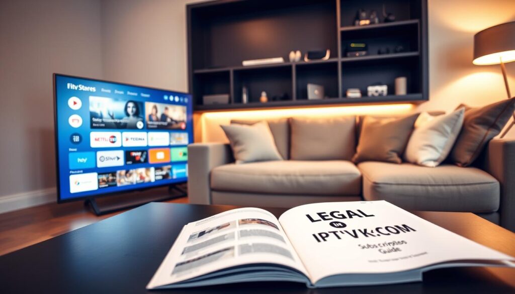 A modern living room setting emphasizing the theme of legal IPTV services. In the foreground, a sleek, smart TV displays a user-friendly interface showcasing various legal streaming options. On a stylish coffee table, a subscription guidebook titled "Legal IPTV Services" lies open, with the logo "IPTVVUK.COM" visible on the page. In the middle ground, a cozy couch is adorned with cushions, inviting viewers to relax. The background features a shelf with tech gadgets and minimalist decor, enhancing the modern aesthetic. Soft, warm lighting casts a friendly glow, creating a welcoming and professional atmosphere, ideal for discussing service legitimacy. The angle is slightly angled down from above, capturing both the TV and the cozy environment, encouraging engagement with the concept of legal IPTV. A modern living room setting emphasizing the theme of legal IPTV services. In the foreground, a sleek, smart TV displays a user-friendly interface showcasing various legal streaming options. On a stylish coffee table, a subscription guidebook titled "Legal IPTV Services" lies open, with the logo "IPTVVUK.COM" visible on the page. In the middle ground, a cozy couch is adorned with cushions, inviting viewers to relax. The background features a shelf with tech gadgets and minimalist decor, enhancing the modern aesthetic. Soft, warm lighting casts a friendly glow, creating a welcoming and professional atmosphere, ideal for discussing service legitimacy. The angle is slightly angled down from above, capturing both the TV and the cozy environment, encouraging engagement with the concept of legal IPTV.