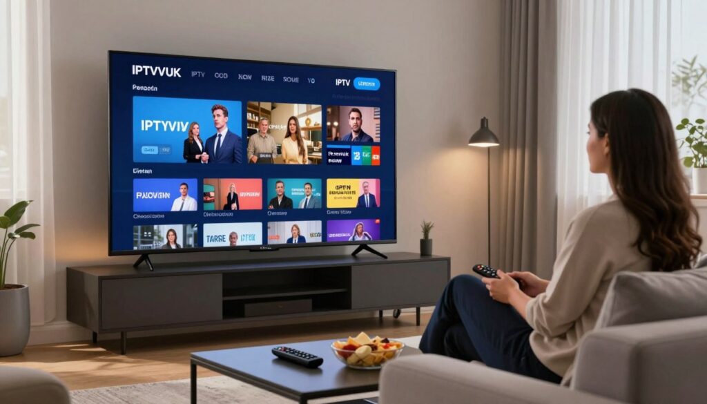 A modern living room setting featuring a large flat-screen TV displaying various IPTV channels. In the foreground, a sleek coffee table with a remote control and snacks, evoking a cozy viewing atmosphere. The middle ground includes a stylish couch with a couple of viewers in professional business attire, engaged and enjoying the content on screen. The background showcases a well-lit room with soft ambient lighting, gentle natural light filtering through sheer curtains, creating a welcoming vibe. Emphasize digital streaming visuals on the TV screen with vibrant graphics representing different channels. The brand name "IPTVVUK.COM" subtly integrated into the image as part of the IPTV interface. The overall mood is relaxed and contemporary, highlighting the appeal of professional IPTV for cord-cutters. A modern living room setting featuring a large flat-screen TV displaying various IPTV channels. In the foreground, a sleek coffee table with a remote control and snacks, evoking a cozy viewing atmosphere. The middle ground includes a stylish couch with a couple of viewers in professional business attire, engaged and enjoying the content on screen. The background showcases a well-lit room with soft ambient lighting, gentle natural light filtering through sheer curtains, creating a welcoming vibe. Emphasize digital streaming visuals on the TV screen with vibrant graphics representing different channels. The brand name "IPTVVUK.COM" subtly integrated into the image as part of the IPTV interface. The overall mood is relaxed and contemporary, highlighting the appeal of professional IPTV for cord-cutters.