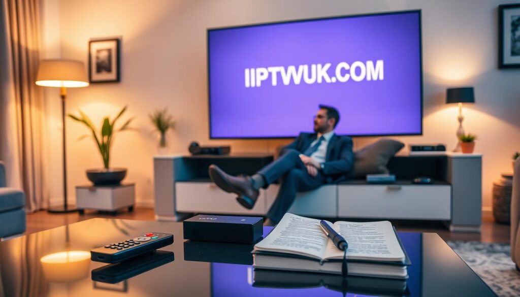 A modern living room setting featuring a sleek flat-screen television displaying the logo "IPTVVUK.COM" prominently. In the foreground, a stylish coffee table holds a remote control, a smartphone, and a notebook with scribbled notes about IPTV services. The middle ground showcases a cozy sofa, where a person in professional business attire is attentively watching content, surrounded by advanced streaming devices and gadgets. The background consists of a softly lit entertainment center with decorative plants and framed art. Warm, inviting lighting creates a relaxed atmosphere, while a slight angle from the left side emphasizes the advanced technology and features available in modern IPTV services, illustrating the concept of “Advanced Features to Look for in IPTV Services.” A modern living room setting featuring a sleek flat-screen television displaying the logo "IPTVVUK.COM" prominently. In the foreground, a stylish coffee table holds a remote control, a smartphone, and a notebook with scribbled notes about IPTV services. The middle ground showcases a cozy sofa, where a person in professional business attire is attentively watching content, surrounded by advanced streaming devices and gadgets. The background consists of a softly lit entertainment center with decorative plants and framed art. Warm, inviting lighting creates a relaxed atmosphere, while a slight angle from the left side emphasizes the advanced technology and features available in modern IPTV services, illustrating the concept of “Advanced Features to Look for in IPTV Services.”