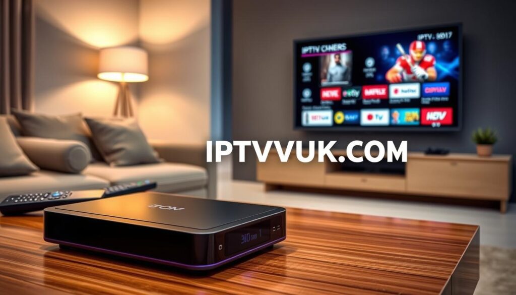 A modern living room setting featuring various IPTV devices, such as a sleek streaming box, portable media player, and a smart TV with an interactive interface. In the foreground, showcase the IPTV box with its glowing LED lights on a polished wooden coffee table, surrounded by remote controls. In the middle, display a stylish smart TV mounted on the wall, showcasing vibrant streaming content with icons for popular services. In the background, include a cozy couch with plush cushions and ambient light from a floor lamp creating a warm atmosphere. The scene is well-lit, emphasizing the devices' modern design in a relatable, inviting context. Include the brand name "IPTVVUK.COM" subtly integrated into the design of the streaming box. The overall mood is contemporary and engaging, capturing the essence of premium streaming experiences. A modern living room setting featuring various IPTV devices, such as a sleek streaming box, portable media player, and a smart TV with an interactive interface. In the foreground, showcase the IPTV box with its glowing LED lights on a polished wooden coffee table, surrounded by remote controls. In the middle, display a stylish smart TV mounted on the wall, showcasing vibrant streaming content with icons for popular services. In the background, include a cozy couch with plush cushions and ambient light from a floor lamp creating a warm atmosphere. The scene is well-lit, emphasizing the devices' modern design in a relatable, inviting context. Include the brand name "IPTVVUK.COM" subtly integrated into the design of the streaming box. The overall mood is contemporary and engaging, capturing the essence of premium streaming experiences.