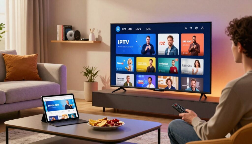 A modern living room setting focused on a sleek, high-definition smart TV displaying various IPTV service features, such as a user-friendly interface, live streaming icons, and on-demand content thumbnails. In the foreground, a stylish coffee table holds a remote control, snacks, and a tablet showcasing the IPTVVUK.COM website. The middle ground features a comfortable sofa with a professional-looking individual in casual attire, intently watching the TV. The background includes soft, inviting lighting that creates a cozy atmosphere, with vibrant decor and a shelf displaying technology books. The angle is slightly elevated, capturing the living room's depth while emphasizing the engagement with the IPTV service. A modern living room setting focused on a sleek, high-definition smart TV displaying various IPTV service features, such as a user-friendly interface, live streaming icons, and on-demand content thumbnails. In the foreground, a stylish coffee table holds a remote control, snacks, and a tablet showcasing the IPTVVUK.COM website. The middle ground features a comfortable sofa with a professional-looking individual in casual attire, intently watching the TV. The background includes soft, inviting lighting that creates a cozy atmosphere, with vibrant decor and a shelf displaying technology books. The angle is slightly elevated, capturing the living room's depth while emphasizing the engagement with the IPTV service.