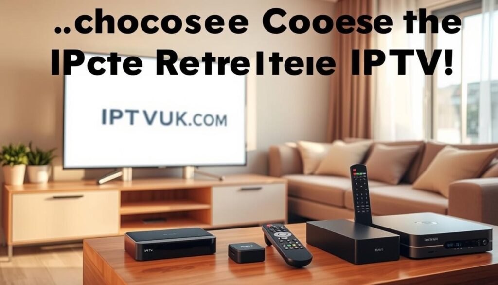A modern living room setting showcases various IPTV devices compatible with different television systems, creating a cozy and inviting atmosphere. In the foreground, a sleek smart TV displays the IPTVVUK.COM logo, surrounded by a streaming device, a set-top box, and a remote control, all positioned on a stylish media console. The middle ground features a comfortable sofa with pillows, perfect for family viewing. The background includes a window with soft, natural light flowing in, enhancing the ambience. The scene is captured with a slightly elevated angle, adding depth to the composition, while warm lighting creates a welcoming mood. The image epitomizes the essence of choosing the right IPTV service, emphasizing compatibility and ease of use. A modern living room setting showcases various IPTV devices compatible with different television systems, creating a cozy and inviting atmosphere. In the foreground, a sleek smart TV displays the IPTVVUK.COM logo, surrounded by a streaming device, a set-top box, and a remote control, all positioned on a stylish media console. The middle ground features a comfortable sofa with pillows, perfect for family viewing. The background includes a window with soft, natural light flowing in, enhancing the ambience. The scene is captured with a slightly elevated angle, adding depth to the composition, while warm lighting creates a welcoming mood. The image epitomizes the essence of choosing the right IPTV service, emphasizing compatibility and ease of use.