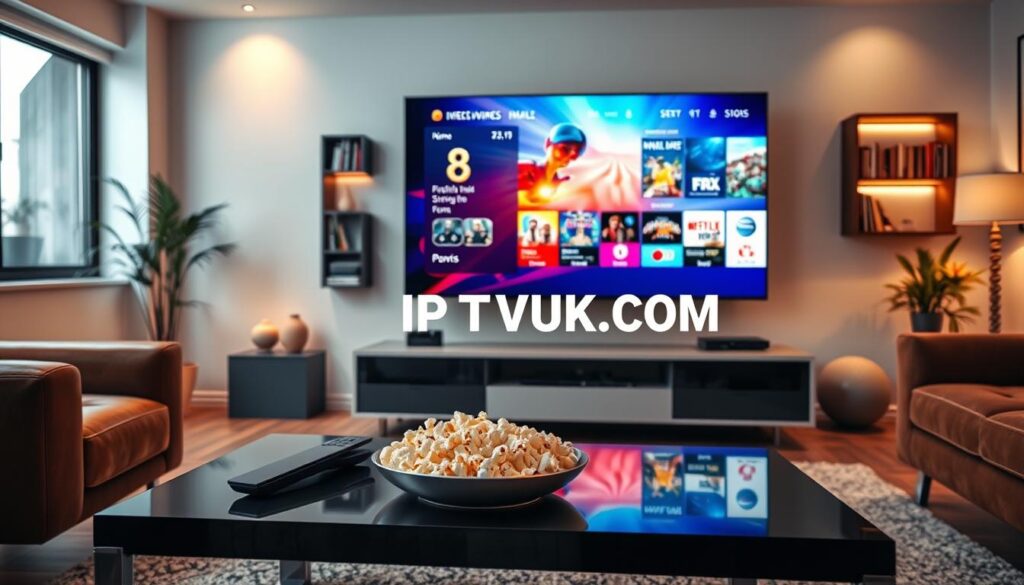 A modern living room setting, showcasing a sleek flat-screen TV displaying a vibrant interface of IPTV services. In the foreground, a stylish coffee table holds a remote control and a bowl of popcorn, conveying a cozy viewing environment. The middle section features the TV prominently, with realistic on-screen graphics hinting at various free streaming options. The background includes contemporary furniture and decorative elements like bookshelves filled with DVDs and a potted plant, enhancing the atmosphere. Soft, warm lighting creates an inviting mood, suggesting relaxing evenings spent streaming content. Include the brand name "IPTVVUK.COM" subtly integrated into the TV interface, ensuring a clean and professional aesthetic. Use a wide-angle lens effect to capture the entire ambiance while maintaining focus on the TV screen. A modern living room setting, showcasing a sleek flat-screen TV displaying a vibrant interface of IPTV services. In the foreground, a stylish coffee table holds a remote control and a bowl of popcorn, conveying a cozy viewing environment. The middle section features the TV prominently, with realistic on-screen graphics hinting at various free streaming options. The background includes contemporary furniture and decorative elements like bookshelves filled with DVDs and a potted plant, enhancing the atmosphere. Soft, warm lighting creates an inviting mood, suggesting relaxing evenings spent streaming content. Include the brand name "IPTVVUK.COM" subtly integrated into the TV interface, ensuring a clean and professional aesthetic. Use a wide-angle lens effect to capture the entire ambiance while maintaining focus on the TV screen.