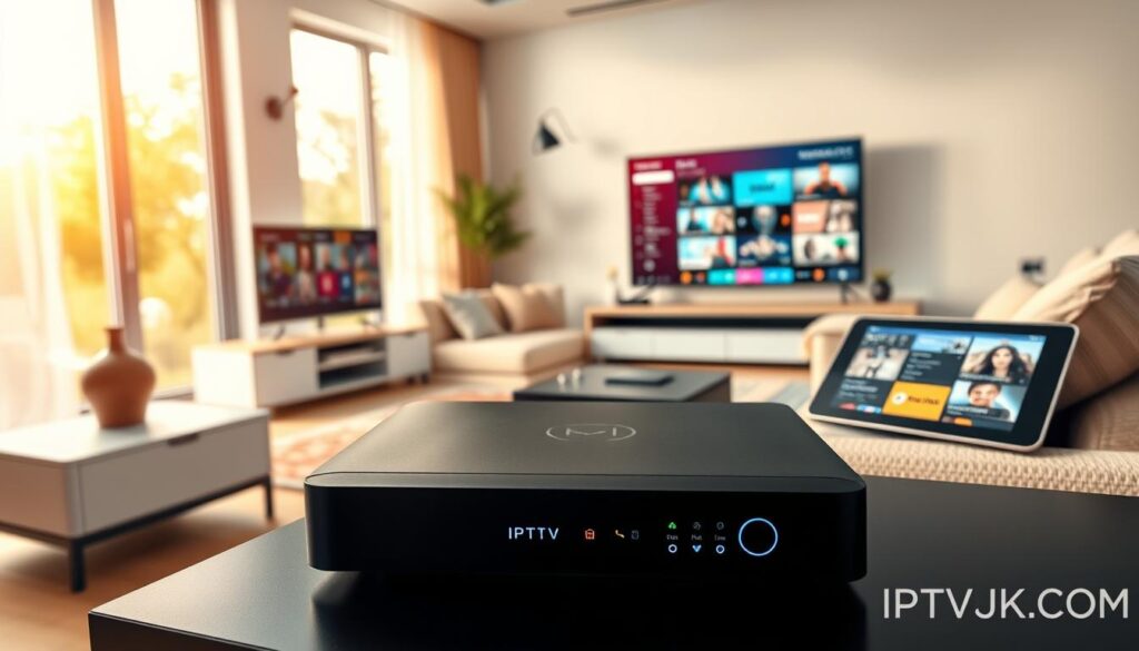 A modern living room setting showcasing a variety of IPTV devices. In the foreground, a sleek, black IPTV box with glowing indicators sits on a stylish media console. Beside it, a high-definition smart TV is displaying an IPTV interface, featuring colorful streaming options. In the middle ground, a cozy couch adorned with plush cushions invites viewers to relax. On a side table, a tablet shows similar IPTV content, emphasizing versatility. In the background, large windows let in warm, soft natural light, creating an inviting atmosphere. The image should reflect a contemporary and tech-savvy mood, embodying the convenience and benefits of IPTV services in 2025. Include subtle branding of "IPTVVUK.COM." The scene is shot with a wide-angle lens to capture the vibrant colors and modern decor seamlessly. A modern living room setting showcasing a variety of IPTV devices. In the foreground, a sleek, black IPTV box with glowing indicators sits on a stylish media console. Beside it, a high-definition smart TV is displaying an IPTV interface, featuring colorful streaming options. In the middle ground, a cozy couch adorned with plush cushions invites viewers to relax. On a side table, a tablet shows similar IPTV content, emphasizing versatility. In the background, large windows let in warm, soft natural light, creating an inviting atmosphere. The image should reflect a contemporary and tech-savvy mood, embodying the convenience and benefits of IPTV services in 2025. Include subtle branding of "IPTVVUK.COM." The scene is shot with a wide-angle lens to capture the vibrant colors and modern decor seamlessly.