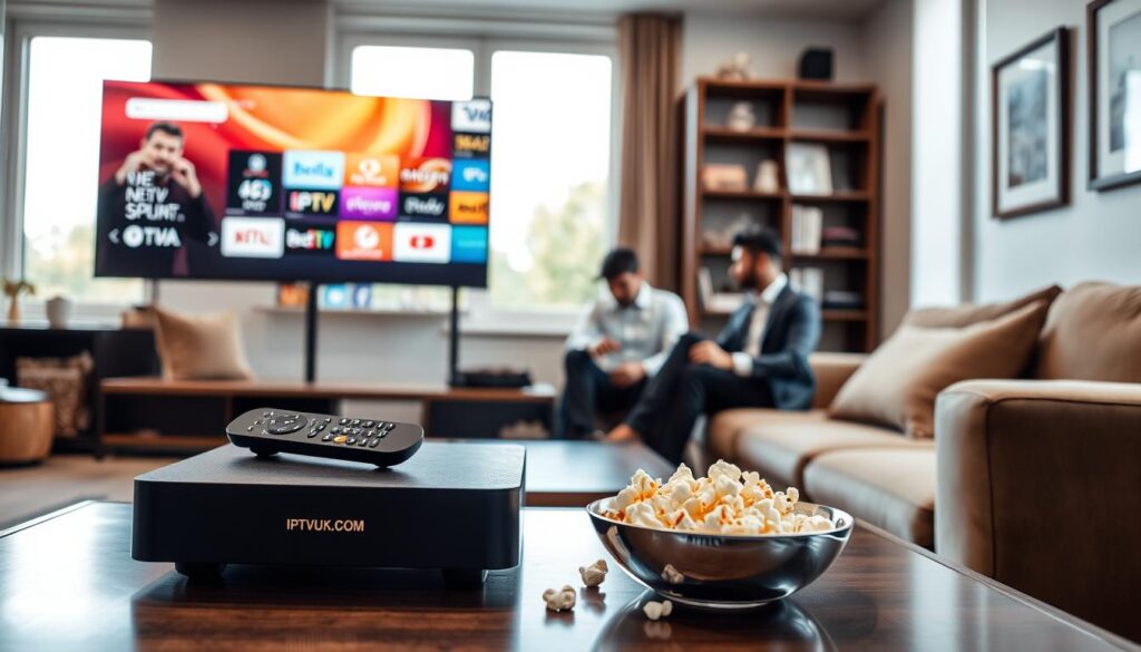 A modern living room setting showcasing premium IPTV features, with a sleek flat-screen television displaying a vibrant menu of channels. In the foreground, a stylish coffee table holds a remote control, an IPTV box branded "IPTVVUK.COM", and a bowl of popcorn, hinting at a cozy viewing experience. The middle ground includes a comfortable sofa with two people dressed in professional business attire, engrossed in choosing their next show. Soft natural light streams through large windows, creating a warm, inviting atmosphere. The background features tasteful decor, including a bookshelf and framed art, enhancing the homely feel. Capture this dynamic scene with a slightly elevated angle, emphasizing the modern technology and user-friendly interface of IPTV services, all while ensuring a positive and engaging mood. A modern living room setting showcasing premium IPTV features, with a sleek flat-screen television displaying a vibrant menu of channels. In the foreground, a stylish coffee table holds a remote control, an IPTV box branded "IPTVVUK.COM", and a bowl of popcorn, hinting at a cozy viewing experience. The middle ground includes a comfortable sofa with two people dressed in professional business attire, engrossed in choosing their next show. Soft natural light streams through large windows, creating a warm, inviting atmosphere. The background features tasteful decor, including a bookshelf and framed art, enhancing the homely feel. Capture this dynamic scene with a slightly elevated angle, emphasizing the modern technology and user-friendly interface of IPTV services, all while ensuring a positive and engaging mood.