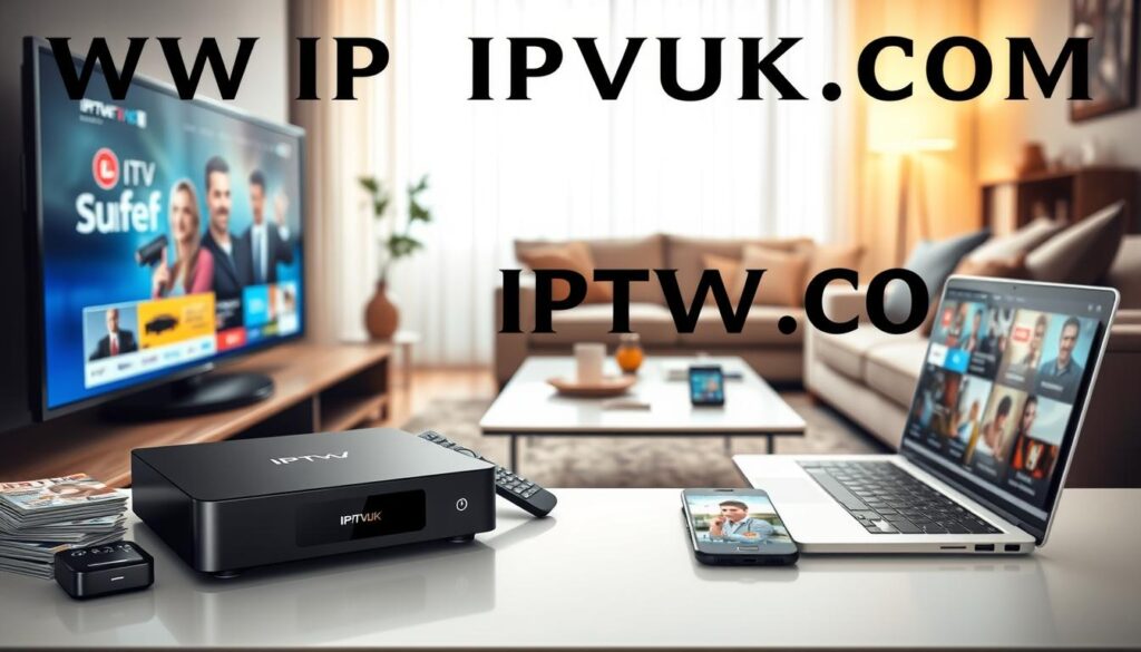 A modern living room setting showcasing various IPTV devices that convey trustworthiness and professionalism. In the foreground, prominently feature an advanced IPTV set-top box with sleek, minimalist design, displaying a user-friendly interface on a television screen. Next to it, include a small stack of tech magazines and a remote control. In the middle ground, incorporate a stylish coffee table adorned with a smartphone and a laptop, both showing IPTV services. The background can display a cozy couch and subtle hints of decor, creating a domestic atmosphere. Use soft, warm lighting to evoke a sense of comfort and reliability. Capture the entire scene from a slightly elevated angle to provide a comprehensive view of the devices and their environment. Include the brand name "IPTVVUK.COM" on the screen, highlighting its professional appearance and trustworthiness. A modern living room setting showcasing various IPTV devices that convey trustworthiness and professionalism. In the foreground, prominently feature an advanced IPTV set-top box with sleek, minimalist design, displaying a user-friendly interface on a television screen. Next to it, include a small stack of tech magazines and a remote control. In the middle ground, incorporate a stylish coffee table adorned with a smartphone and a laptop, both showing IPTV services. The background can display a cozy couch and subtle hints of decor, creating a domestic atmosphere. Use soft, warm lighting to evoke a sense of comfort and reliability. Capture the entire scene from a slightly elevated angle to provide a comprehensive view of the devices and their environment. Include the brand name "IPTVVUK.COM" on the screen, highlighting its professional appearance and trustworthiness.