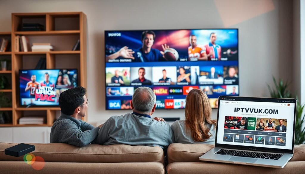 A modern living room setting with a family enjoying IPTV services on a large flat-screen TV. In the foreground, the parents are seated on a comfortable sofa, dressed in casual clothing, happily discussing their favorite shows. In the middle, vibrant images from various IPTV channels are displayed on the screen, showcasing diverse content like movies, sports, and news. Surrounding the room are subtle elements of technology, like a sleek streaming device and an open laptop showing the IPTVVUK.COM website. The background features soft-focused bookshelves and plants to convey a cozy atmosphere. The lighting is warm and inviting, creating a sense of comfort and relaxation in the space, with a slight lens flare for visual appeal. A modern living room setting with a family enjoying IPTV services on a large flat-screen TV. In the foreground, the parents are seated on a comfortable sofa, dressed in casual clothing, happily discussing their favorite shows. In the middle, vibrant images from various IPTV channels are displayed on the screen, showcasing diverse content like movies, sports, and news. Surrounding the room are subtle elements of technology, like a sleek streaming device and an open laptop showing the IPTVVUK.COM website. The background features soft-focused bookshelves and plants to convey a cozy atmosphere. The lighting is warm and inviting, creating a sense of comfort and relaxation in the space, with a slight lens flare for visual appeal.