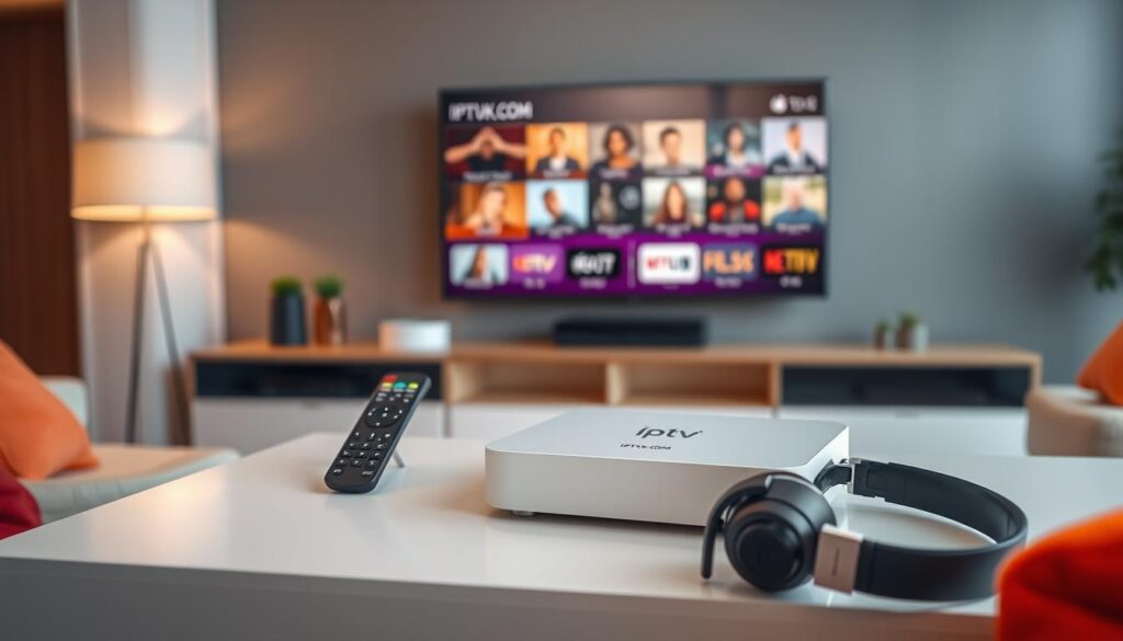 A modern living room setup, featuring a sleek IPTV device prominently displayed on a stylish entertainment console. The background includes a large flat-screen TV showing colorful streaming content, with a remote control and a pair of headphones elegantly placed beside the device. Soft, ambient lighting creates a warm and inviting atmosphere. The scene is captured from a slightly elevated angle, emphasizing the device and its connectivity options. Include branded logos like "IPTVVUK.COM" on the device to establish authenticity. The decor is contemporary with minimalistic furniture and vibrant accents, conveying a sense of comfort and functionality. The image should evoke a sense of modern convenience and innovation in home entertainment solutions. A modern living room setup, featuring a sleek IPTV device prominently displayed on a stylish entertainment console. The background includes a large flat-screen TV showing colorful streaming content, with a remote control and a pair of headphones elegantly placed beside the device. Soft, ambient lighting creates a warm and inviting atmosphere. The scene is captured from a slightly elevated angle, emphasizing the device and its connectivity options. Include branded logos like "IPTVVUK.COM" on the device to establish authenticity. The decor is contemporary with minimalistic furniture and vibrant accents, conveying a sense of comfort and functionality. The image should evoke a sense of modern convenience and innovation in home entertainment solutions.