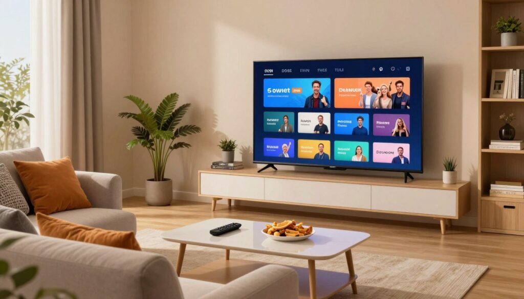 A modern living room setup showcasing a sleek smart TV displaying a high-definition streaming interface, smooth playback of various channels, and vivid colors. In the foreground, a comfortable couch with vibrant throw pillows invites relaxation. The middle layer features a stylish coffee table adorned with a remote and snacks, emphasizing an enjoyable viewing experience. The background captures a well-lit room with soft ambient lighting, highlighting decorative elements like potted plants and a bookshelf. The atmosphere is cozy yet modern, reflecting a space intended for entertainment. Use a wide-angle perspective to enhance the inviting feel, ensuring the lighting is warm and welcoming. Subtly include the brand "IPTVVUK.COM" within the scene, such as on the TV screen or as a decorative element in the room. A modern living room setup showcasing a sleek smart TV displaying a high-definition streaming interface, smooth playback of various channels, and vivid colors. In the foreground, a comfortable couch with vibrant throw pillows invites relaxation. The middle layer features a stylish coffee table adorned with a remote and snacks, emphasizing an enjoyable viewing experience. The background captures a well-lit room with soft ambient lighting, highlighting decorative elements like potted plants and a bookshelf. The atmosphere is cozy yet modern, reflecting a space intended for entertainment. Use a wide-angle perspective to enhance the inviting feel, ensuring the lighting is warm and welcoming. Subtly include the brand "IPTVVUK.COM" within the scene, such as on the TV screen or as a decorative element in the room.